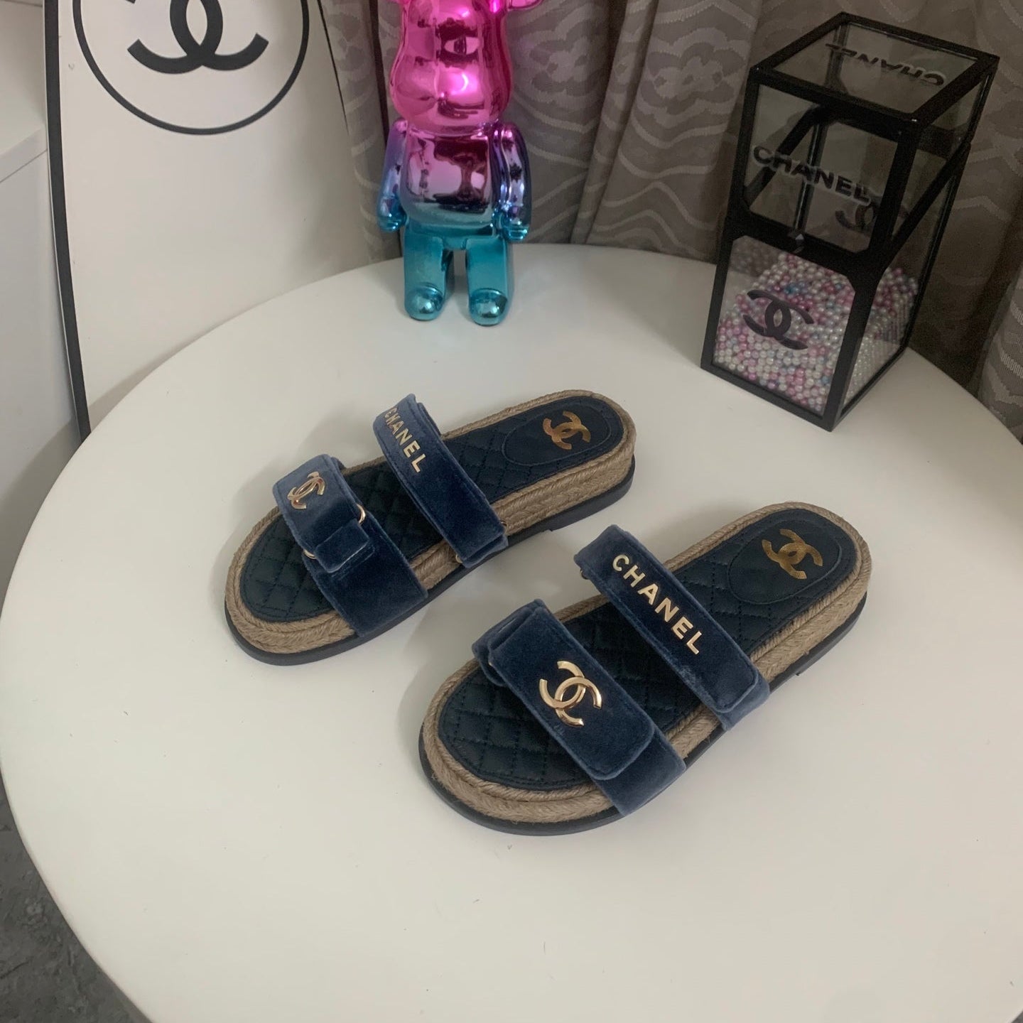 CC 26s Hemp Rope Platform Sandals Navy Blue Quited Sheepskin Velvet 862301