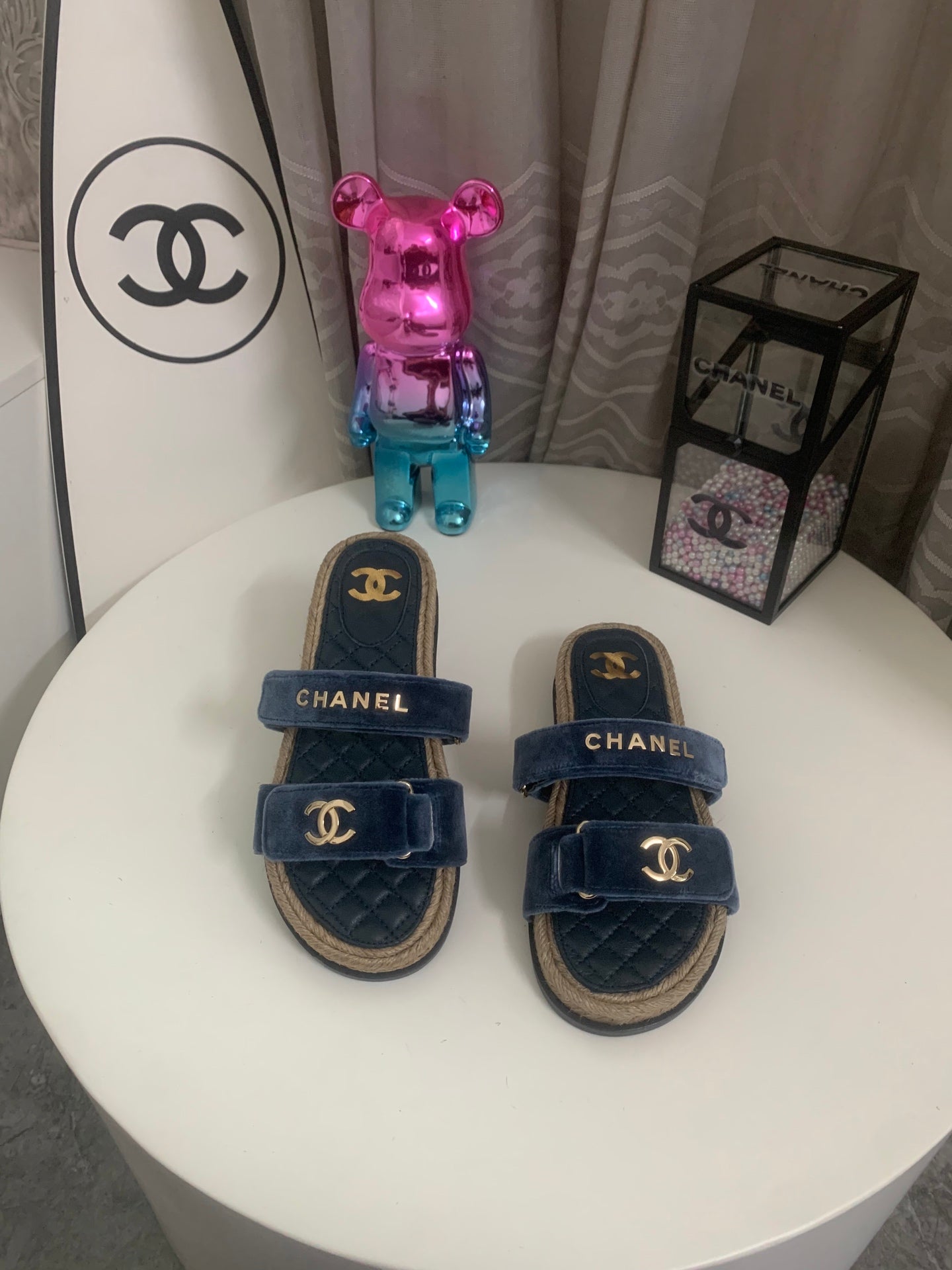 CC 26s Hemp Rope Platform Sandals Navy Blue Quited Sheepskin Velvet 862301