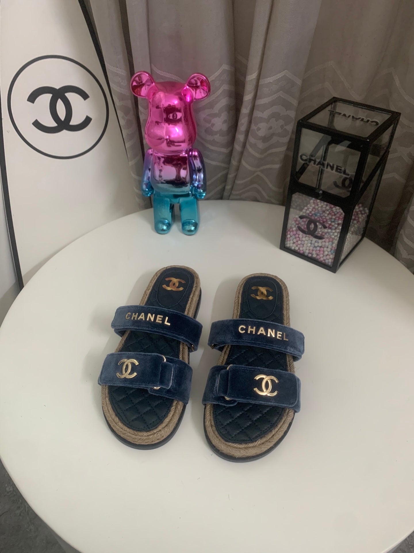 CC 26s Hemp Rope Platform Sandals Navy Blue Quited Sheepskin Velvet 862301