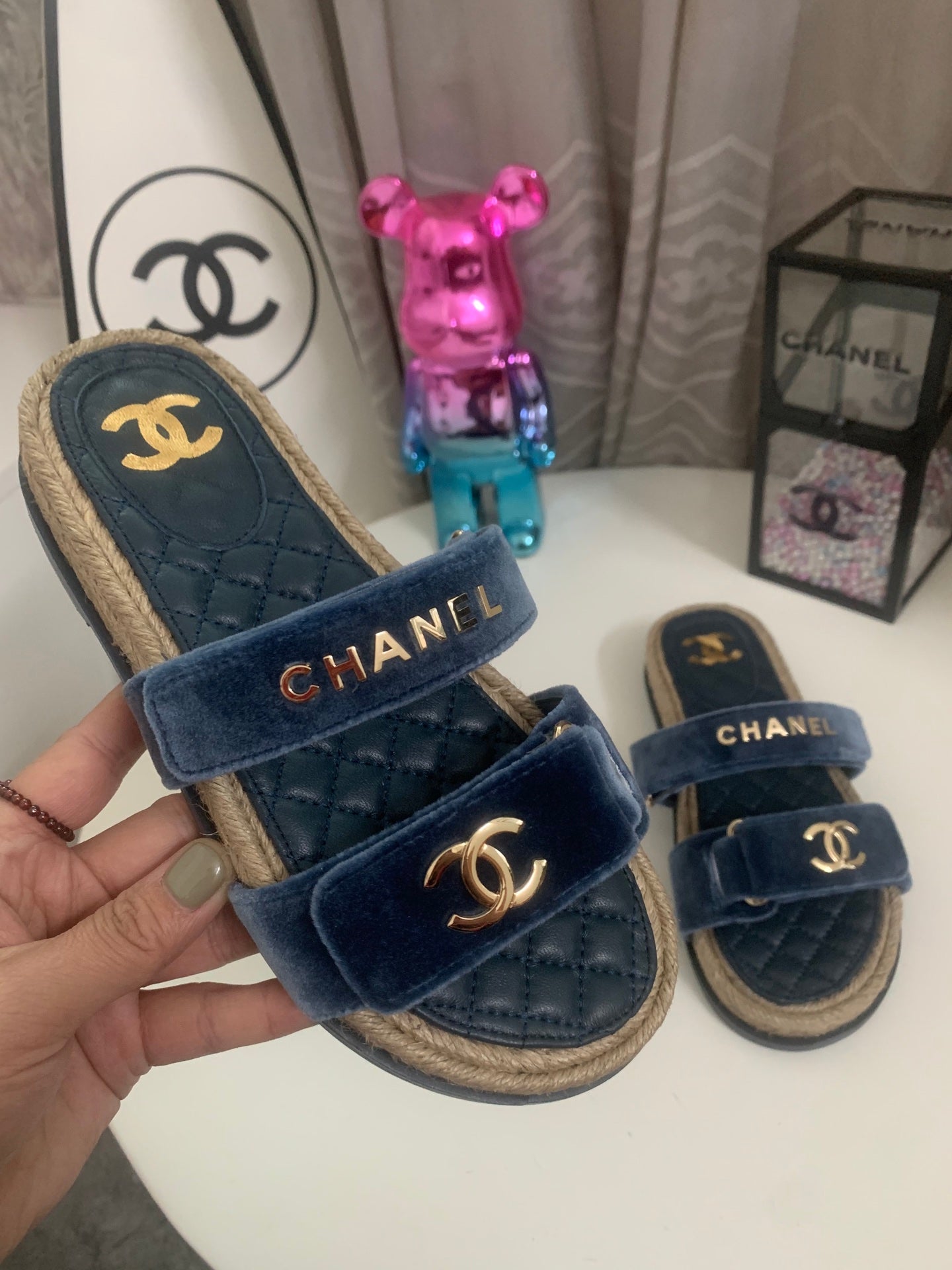 CC 26s Hemp Rope Platform Sandals Navy Blue Quited Sheepskin Velvet 862301