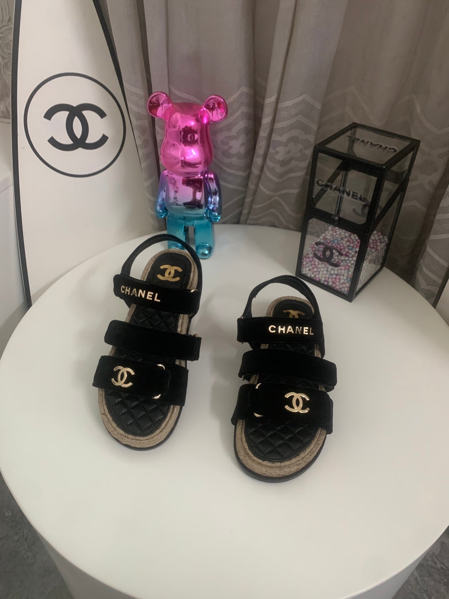 CC 26s Strappy Sandals In Black Velvet With Rope Sole Gold Hardware