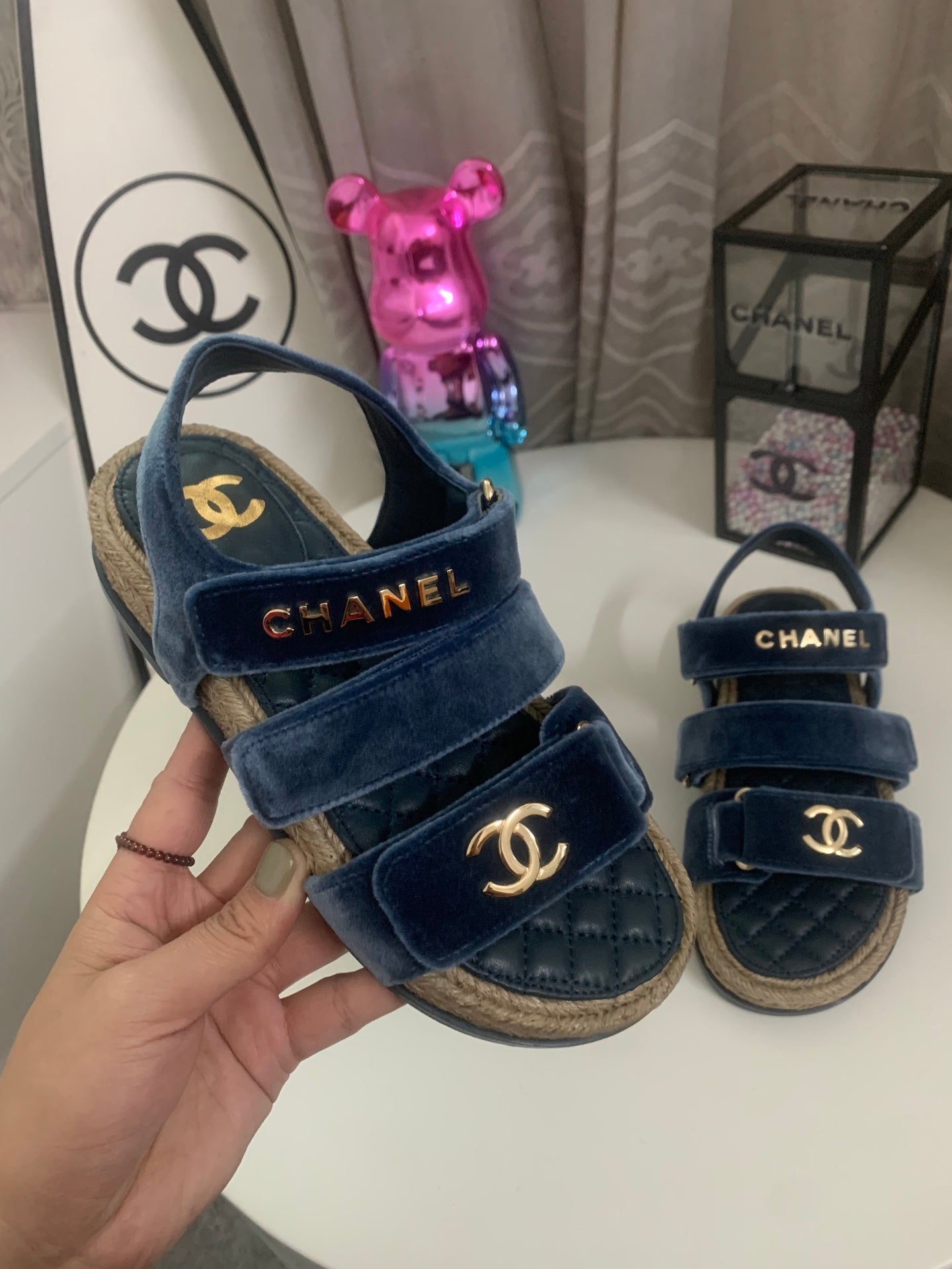 CC 26s Strappy Sandals In Navy Blue Velvet With Rope Sole Gold Hardware