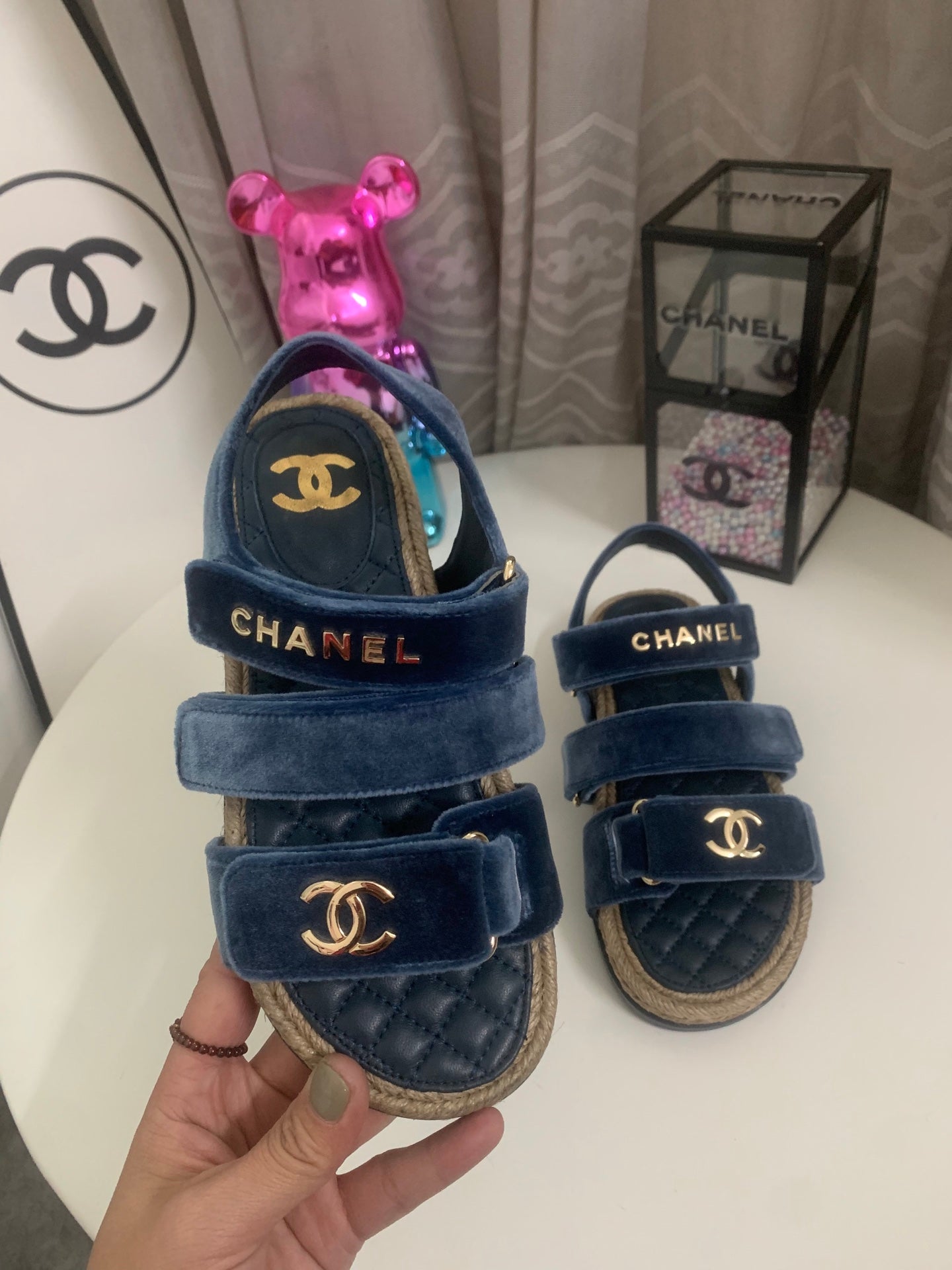 CC 26s Strappy Sandals In Navy Blue Velvet With Rope Sole Gold Hardware