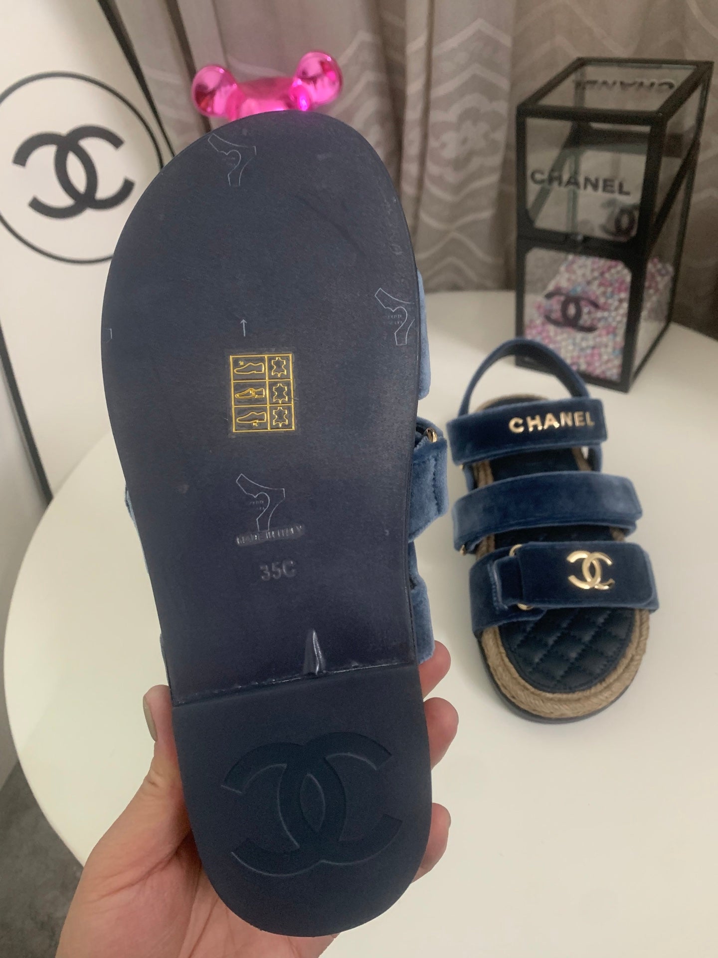 CC 26s Strappy Sandals In Navy Blue Velvet With Rope Sole Gold Hardware