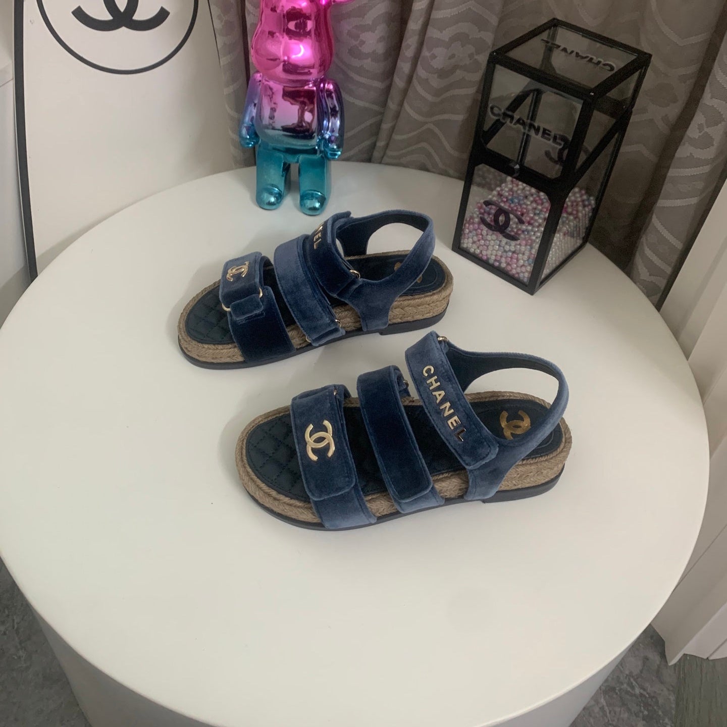 CC 26s Strappy Sandals In Navy Blue Velvet With Rope Sole Gold Hardware