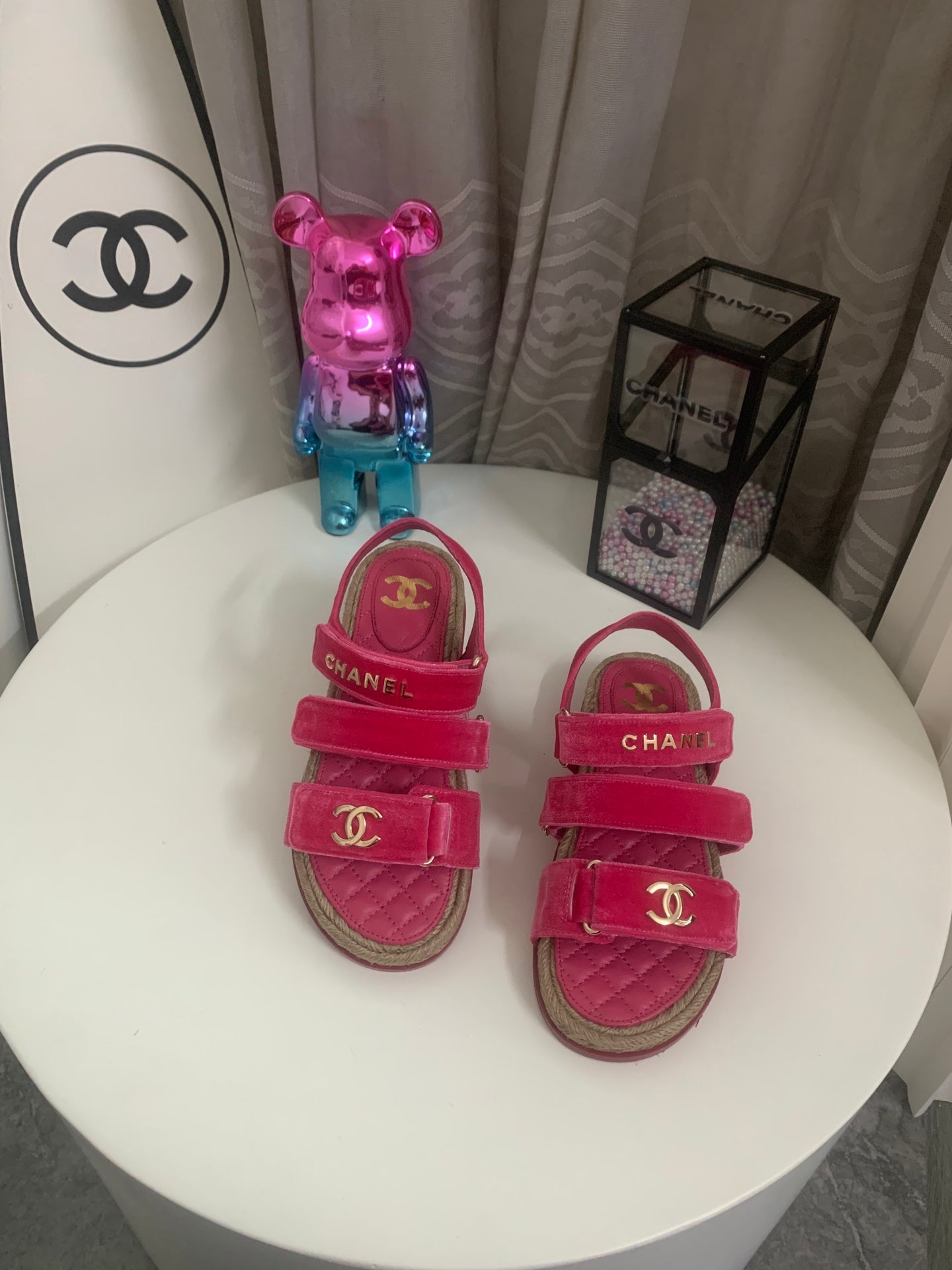 CC 26s Strappy Sandals In Pink Velvet With Rope Sole Gold Hardware