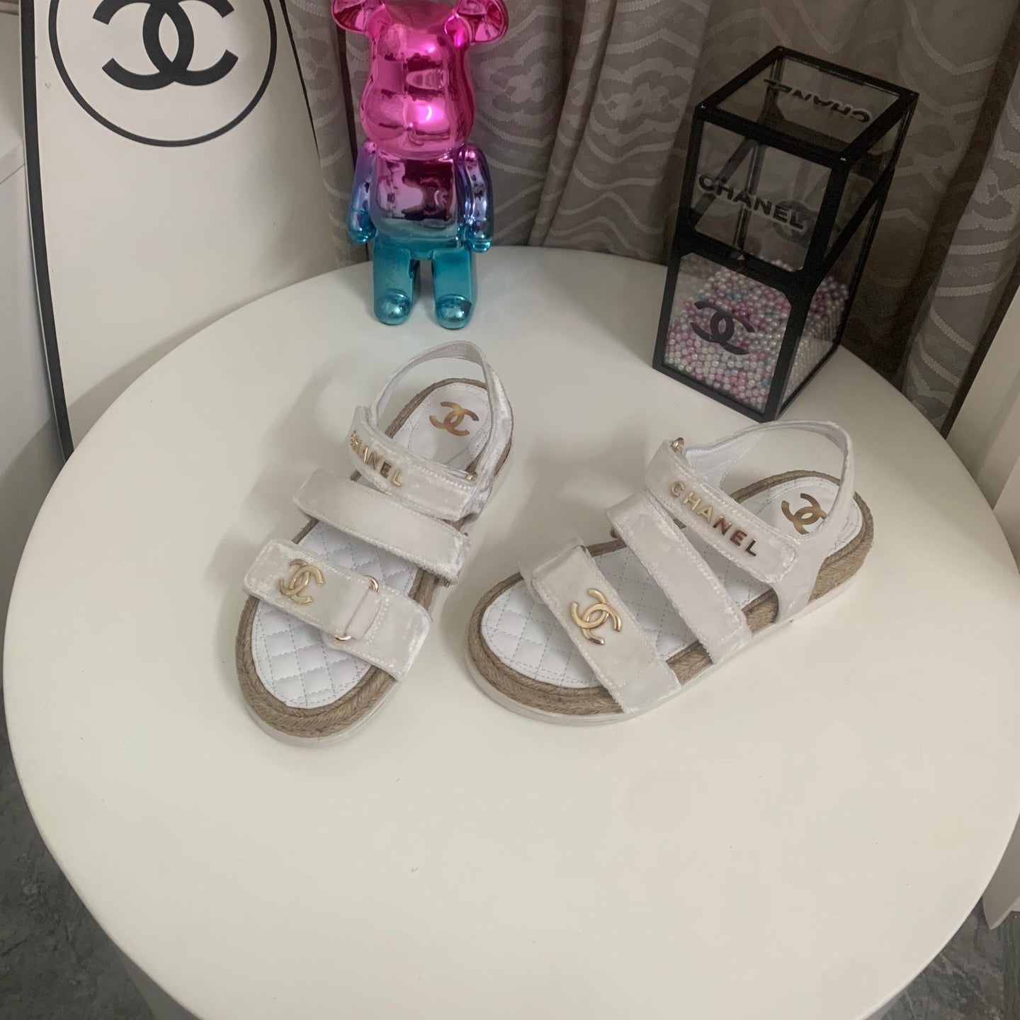 CC 26s Strappy Sandals In White Velvet With Rope Sole Gold Hardware