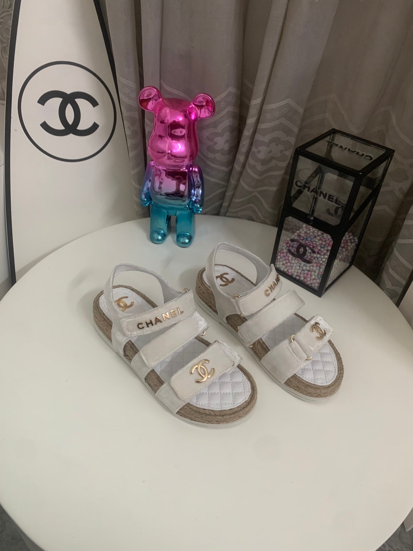 CC 26s Strappy Sandals In White Velvet With Rope Sole Gold Hardware