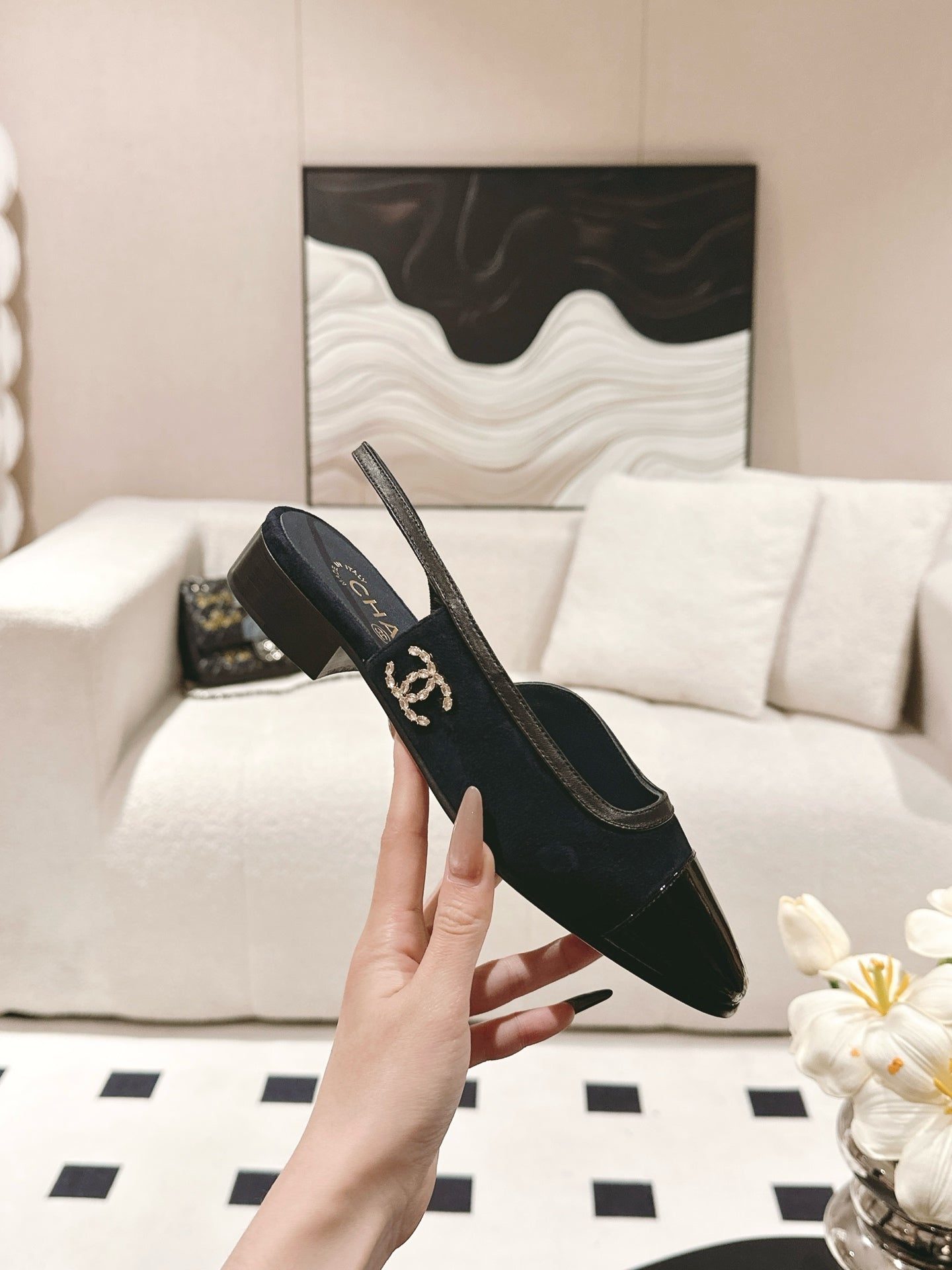 cc 2024k slingback 30mm dark blue suede black pattern calfskin 237501