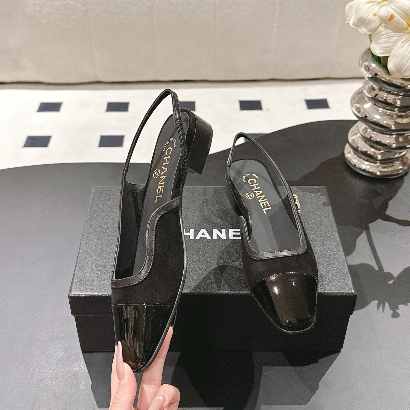 cc 2024k slingback 30mm black suede pattern calfskin 237503