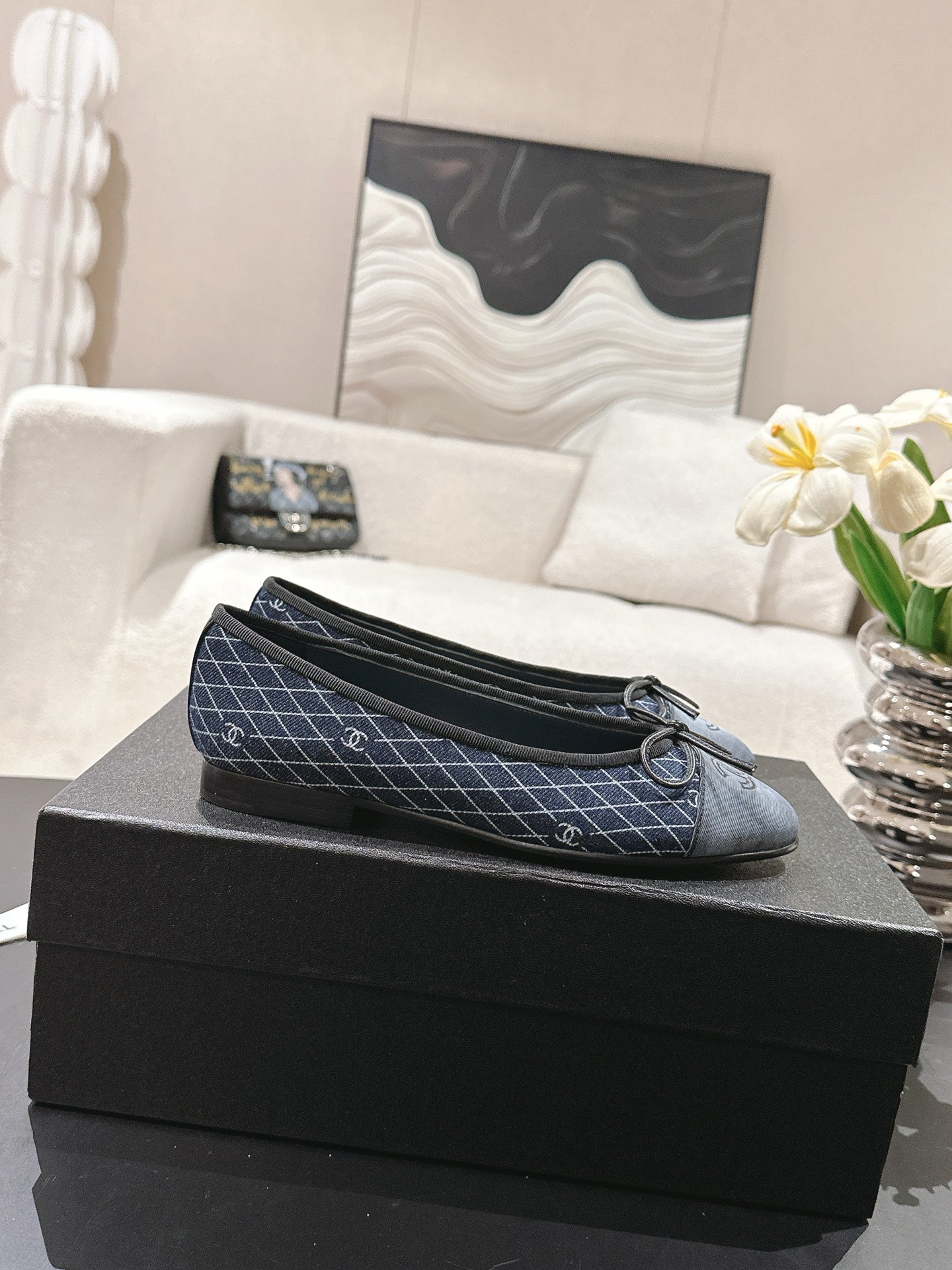 cc 25c ballet flat cross line pattern dark blue denim 237480