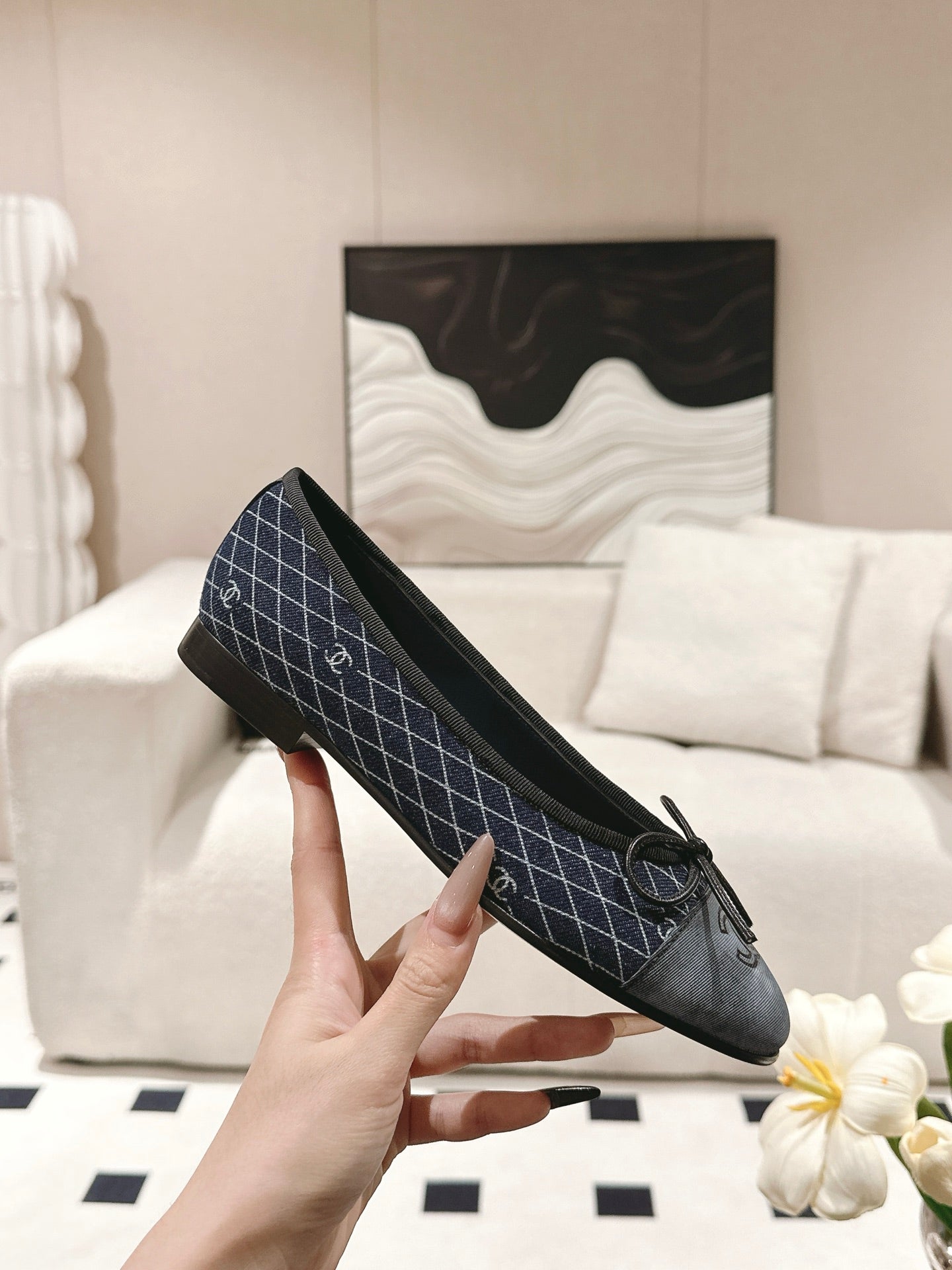 cc 25c ballet flat cross line pattern dark blue denim 237480