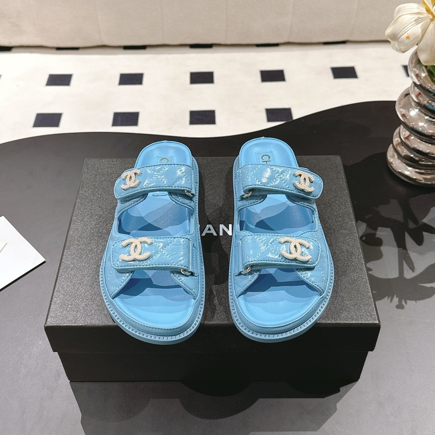 cc 25p logo with pearl mule sandal blue leather 237583