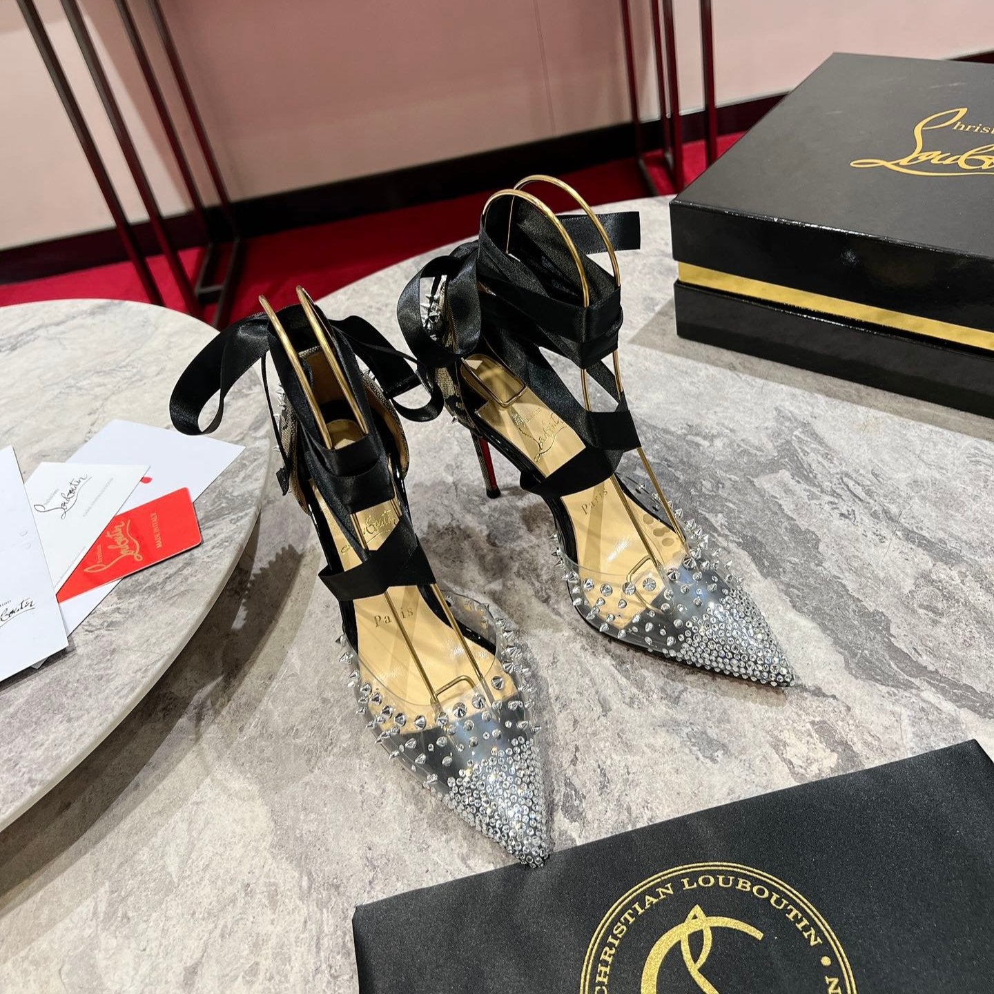 CL Mechante Reine Pumps 100mm Spike Fabric PVC Black