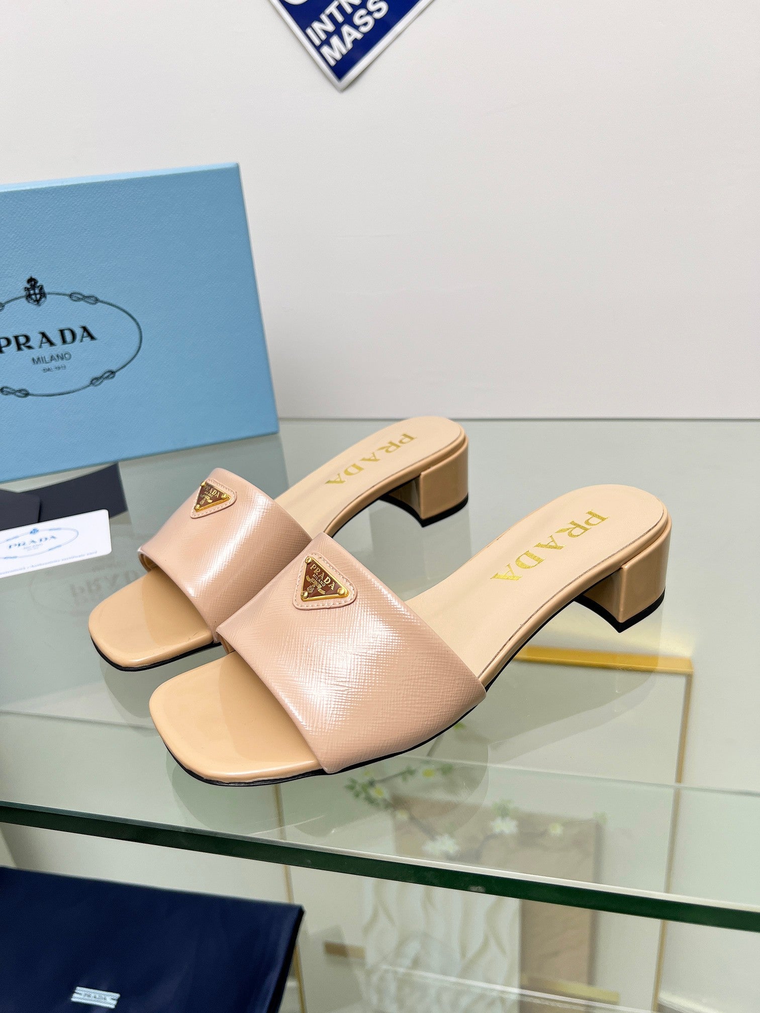Prada 26s Saffiano Slides 4cm Powder Pink Glossy Leather 986626