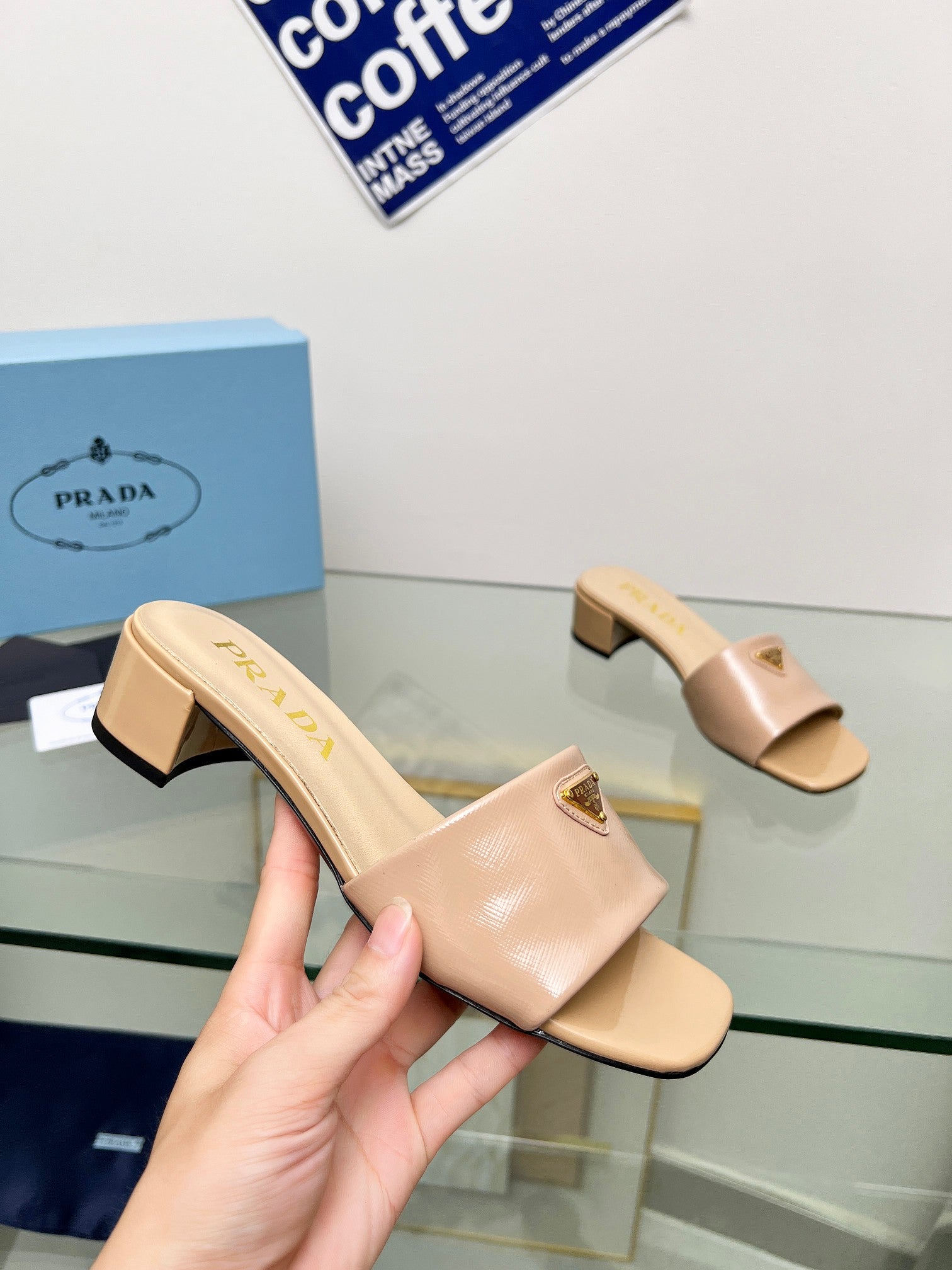 Prada 26s Saffiano Slides 4cm Powder Pink Glossy Leather 986626