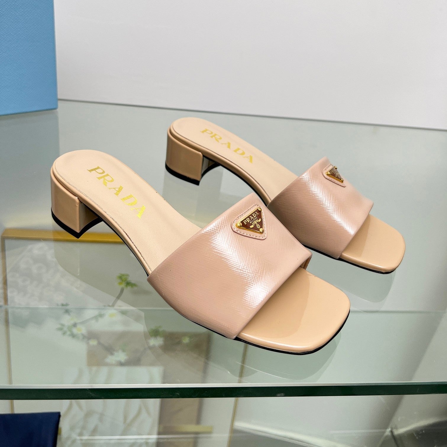 Prada 26s Saffiano Slides 4cm Powder Pink Glossy Leather 986626