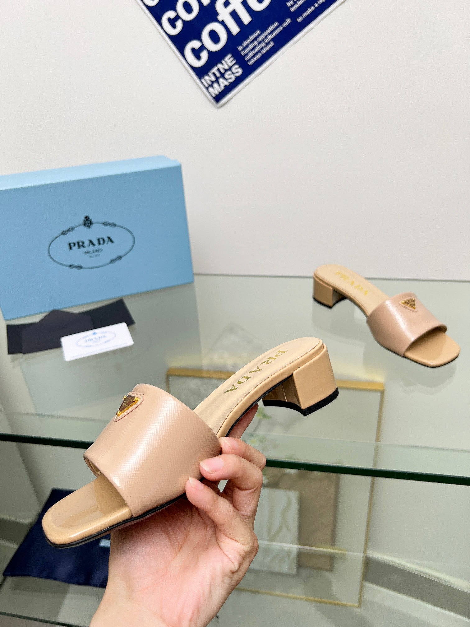 Prada 26s Saffiano Slides 4cm Powder Pink Glossy Leather 986626