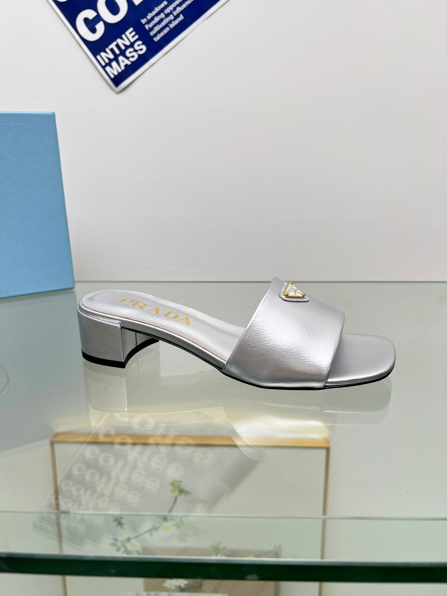 Prada 26s Saffiano Slides 4cm Sliver Glossy Leather 986627