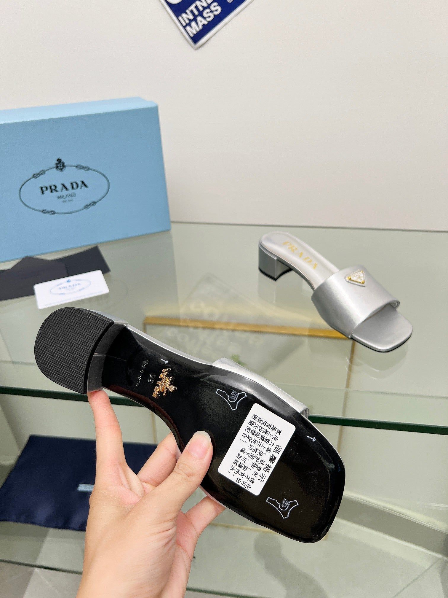 Prada 26s Saffiano Slides 4cm Sliver Glossy Leather 986627