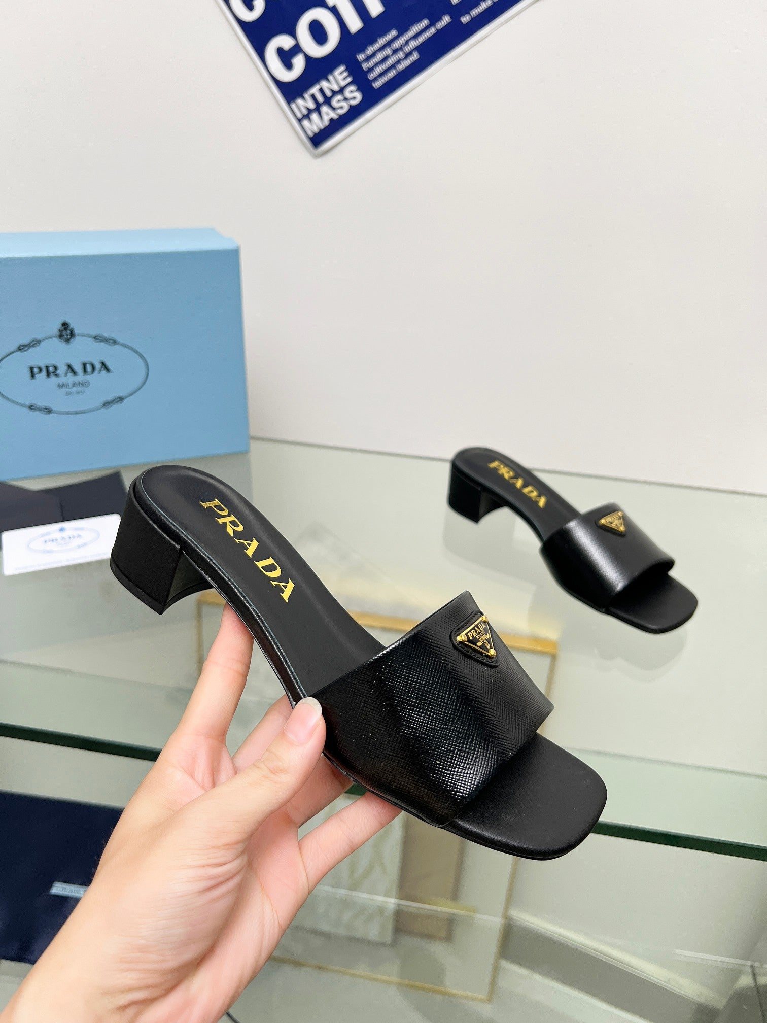 Prada 26s Saffiano Slides 4cm Black Glossy Leather 986628