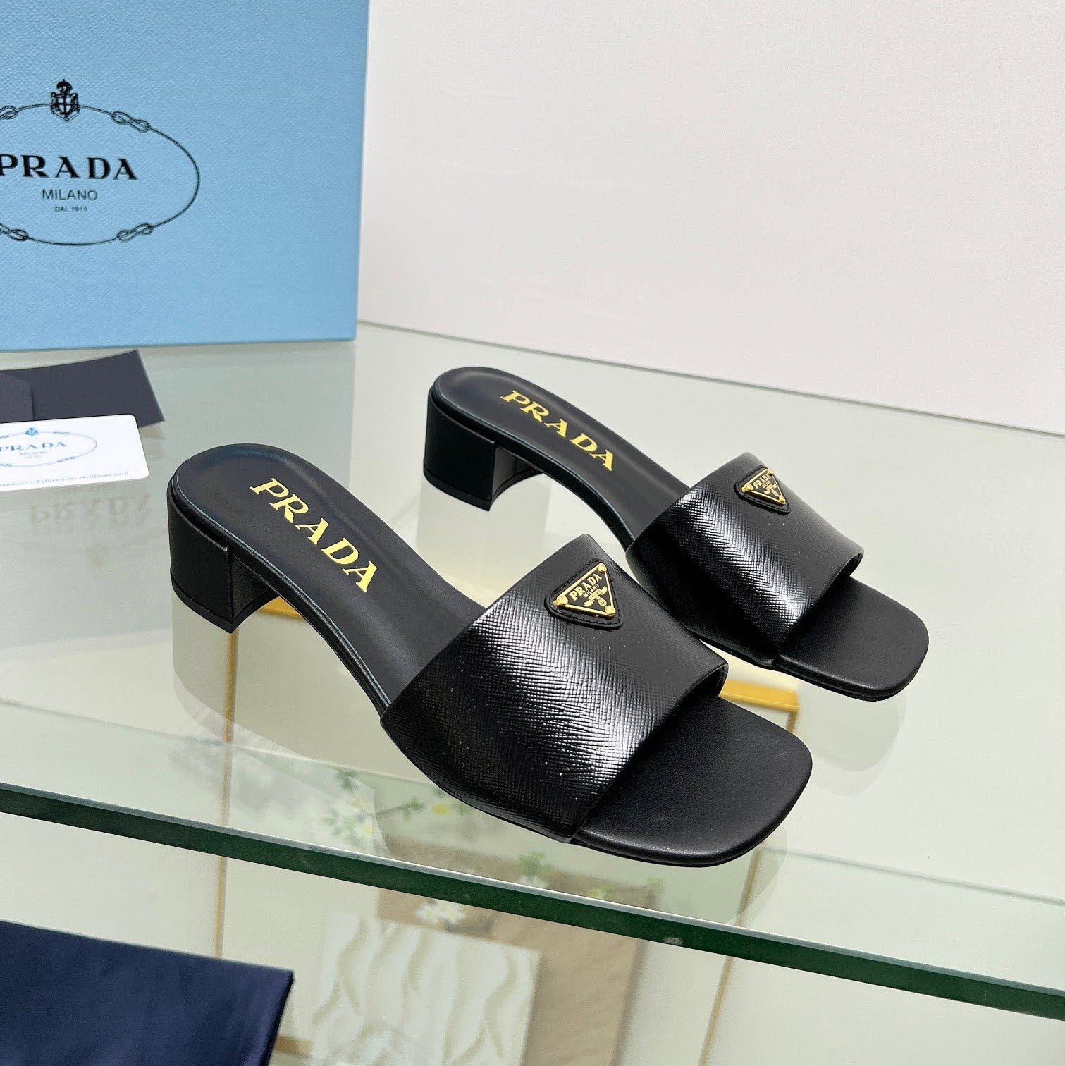 Prada 26s Saffiano Slides 4cm Black Glossy Leather 986628