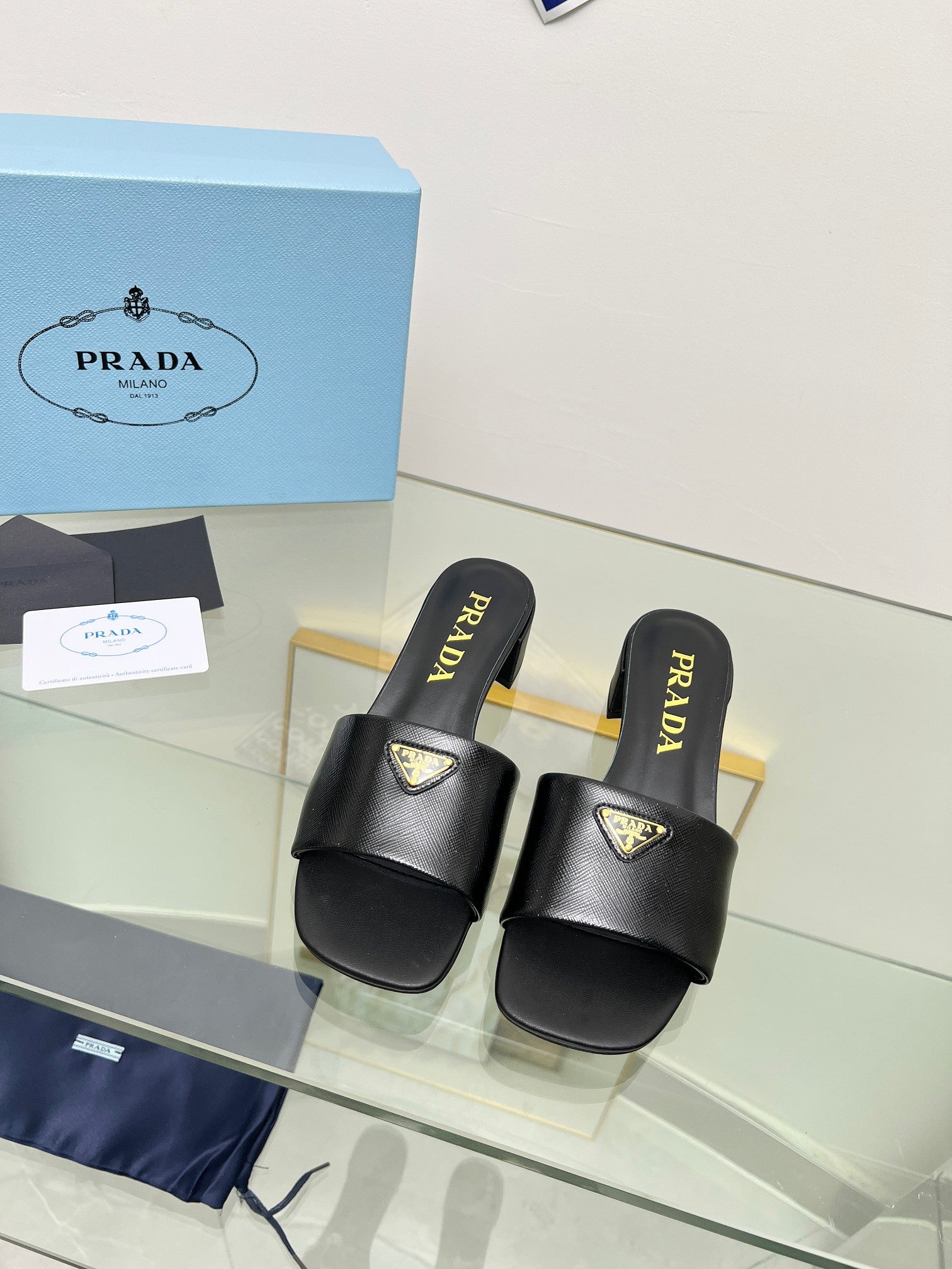 Prada 26s Saffiano Slides 4cm Black Glossy Leather 986628