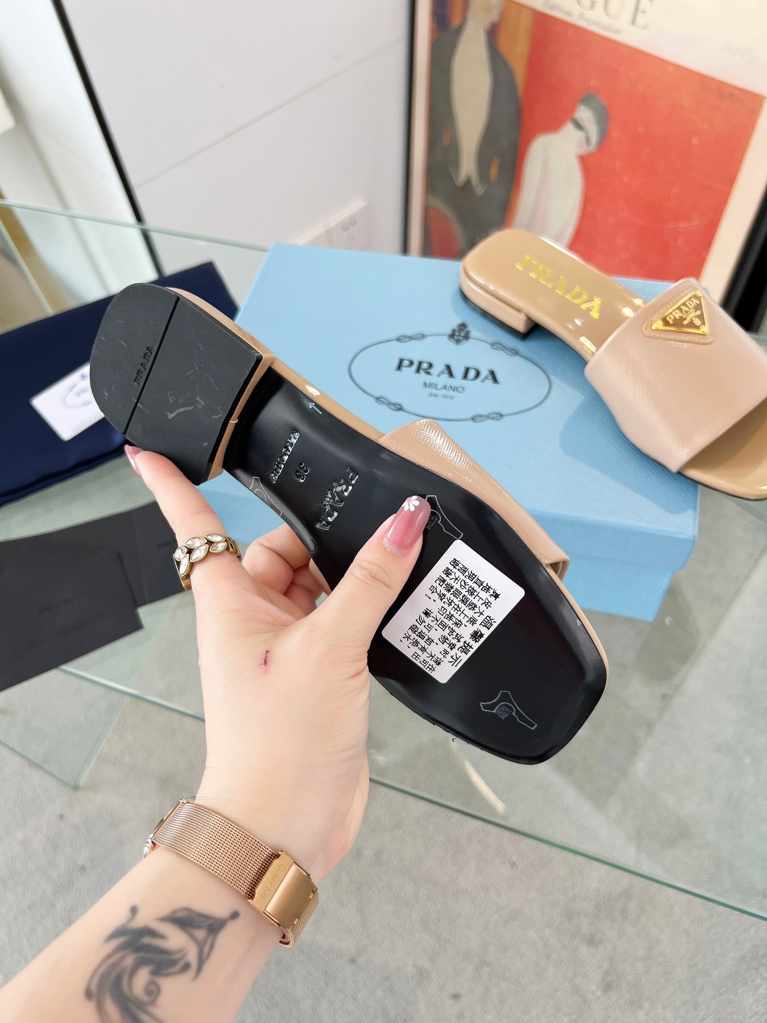 Prada 26s Saffiano Slides 1.5cm Beige Glossy Leather 986622