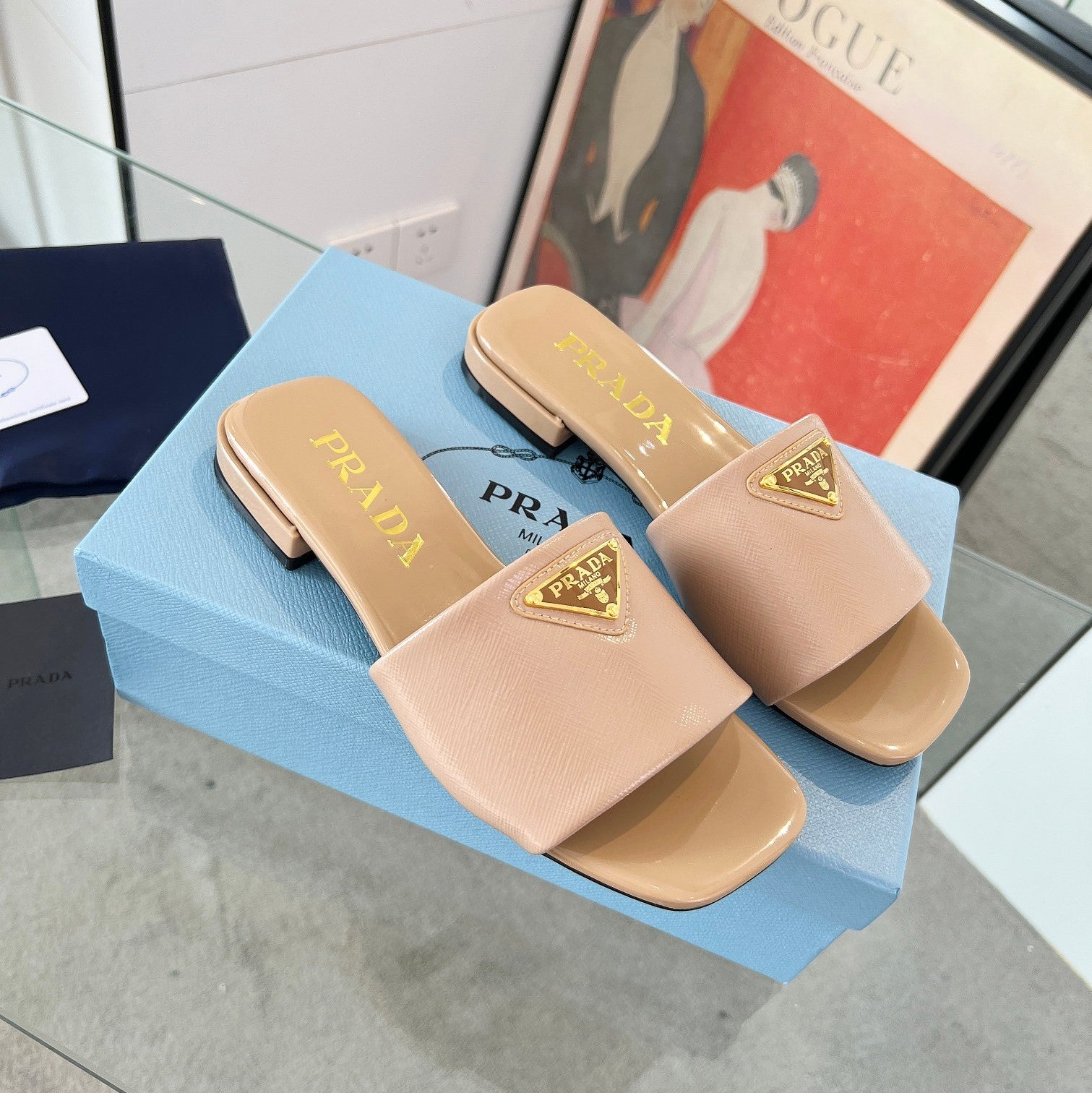Prada 26s Saffiano Slides 1.5cm Beige Glossy Leather 986622