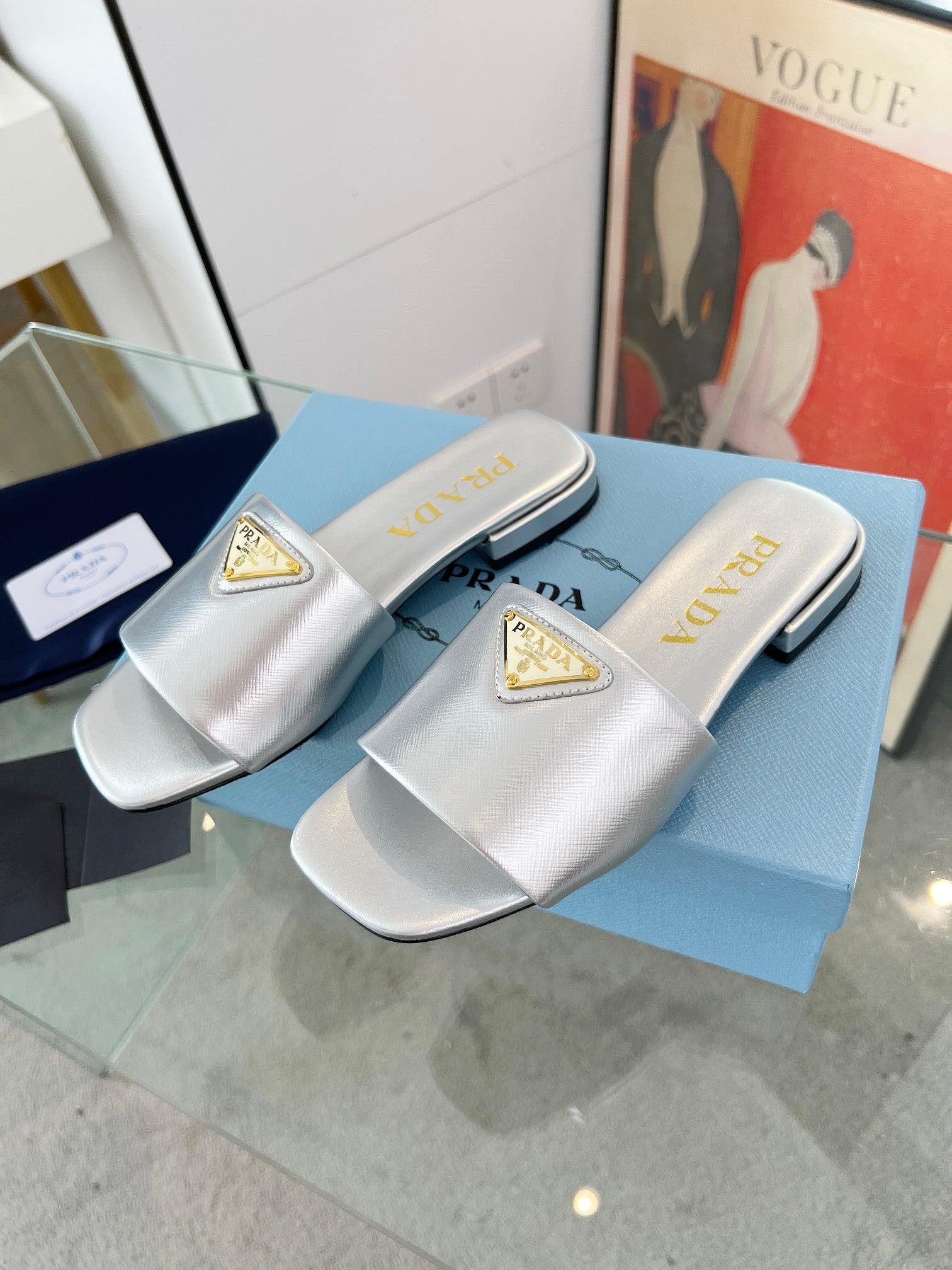 Prada 26s Saffiano Slides 1.5cm Sliver Glossy Leather 986623