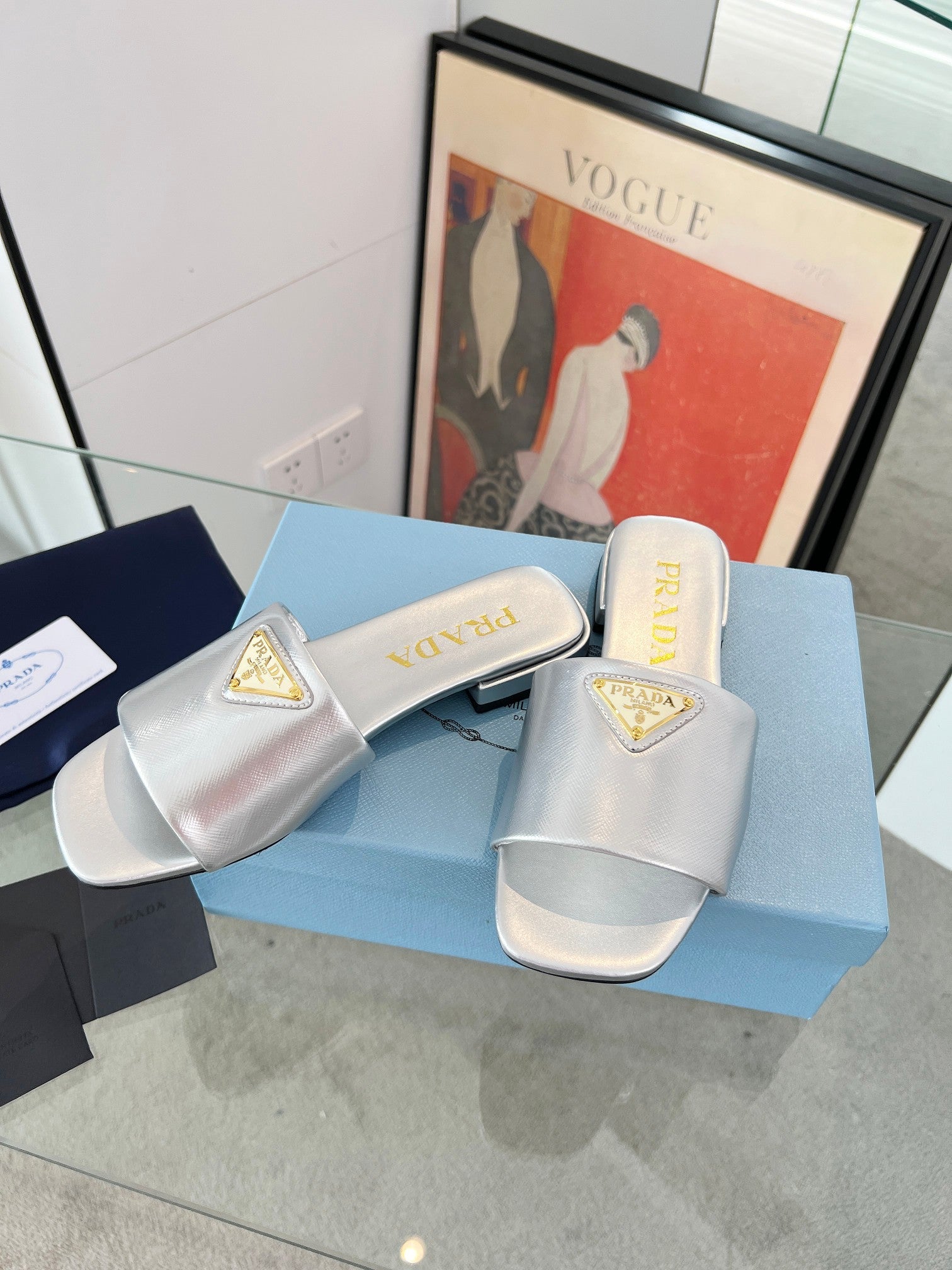 Prada 26s Saffiano Slides 1.5cm Sliver Glossy Leather 986623