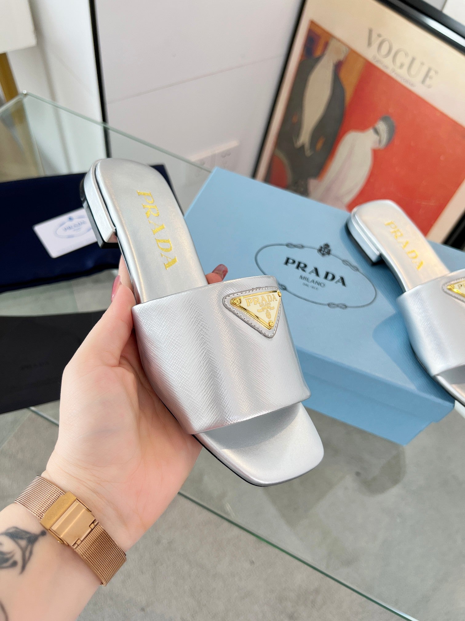 Prada 26s Saffiano Slides 1.5cm Sliver Glossy Leather 986623