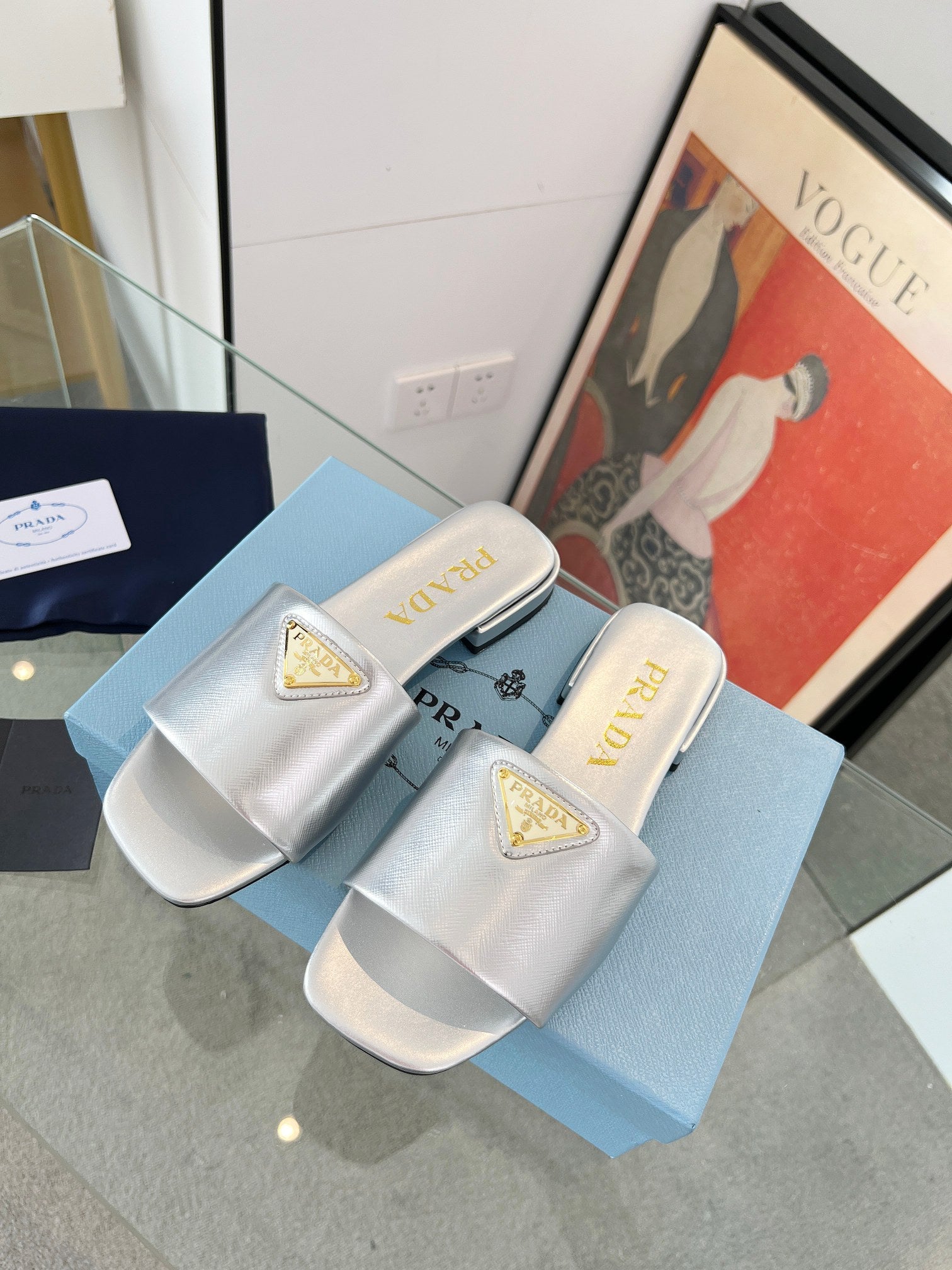 Prada 26s Saffiano Slides 1.5cm Sliver Glossy Leather 986623