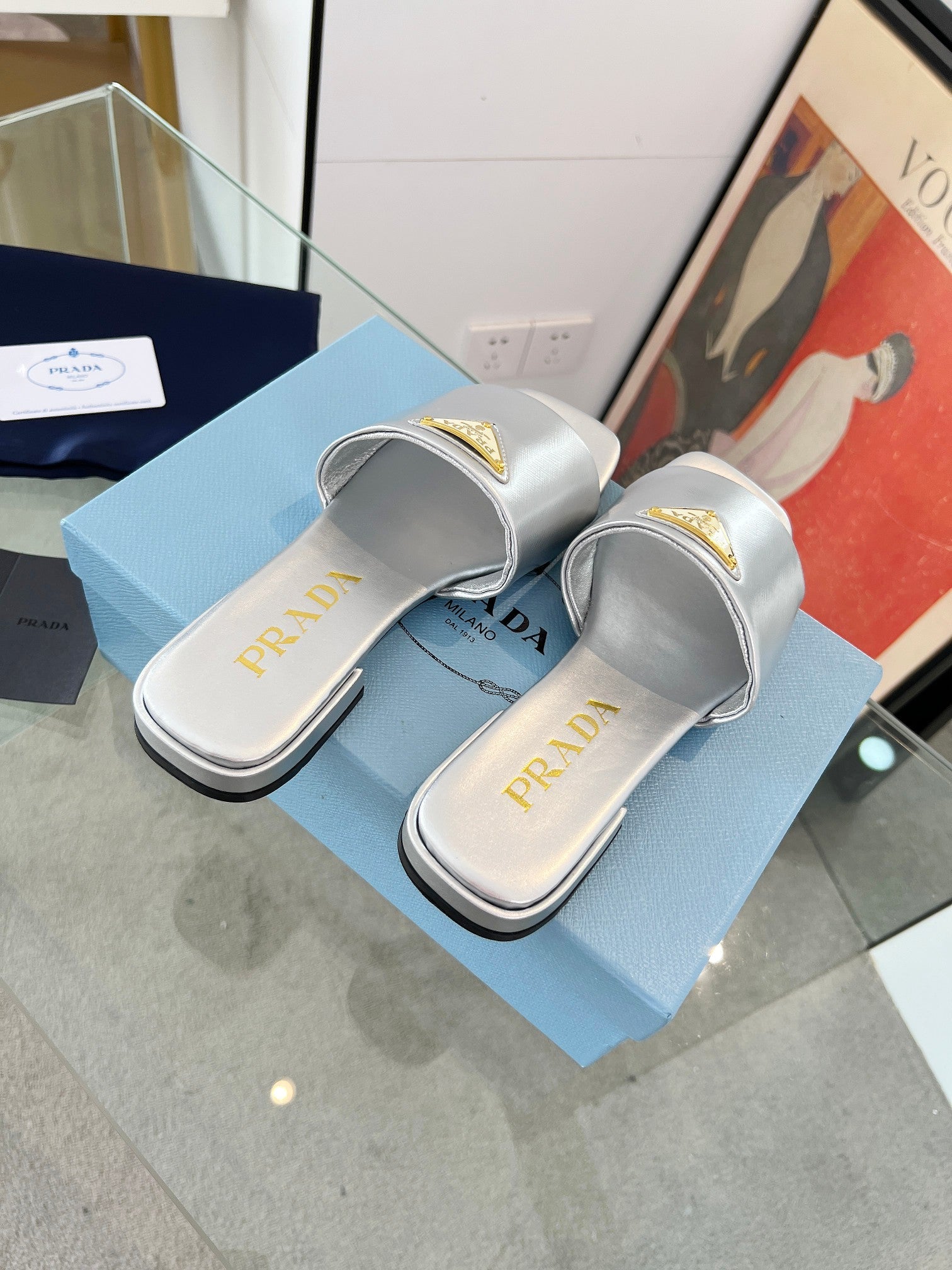 Prada 26s Saffiano Slides 1.5cm Sliver Glossy Leather 986623