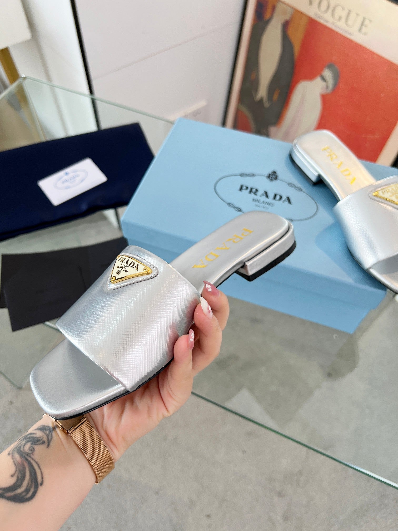 Prada 26s Saffiano Slides 1.5cm Sliver Glossy Leather 986623