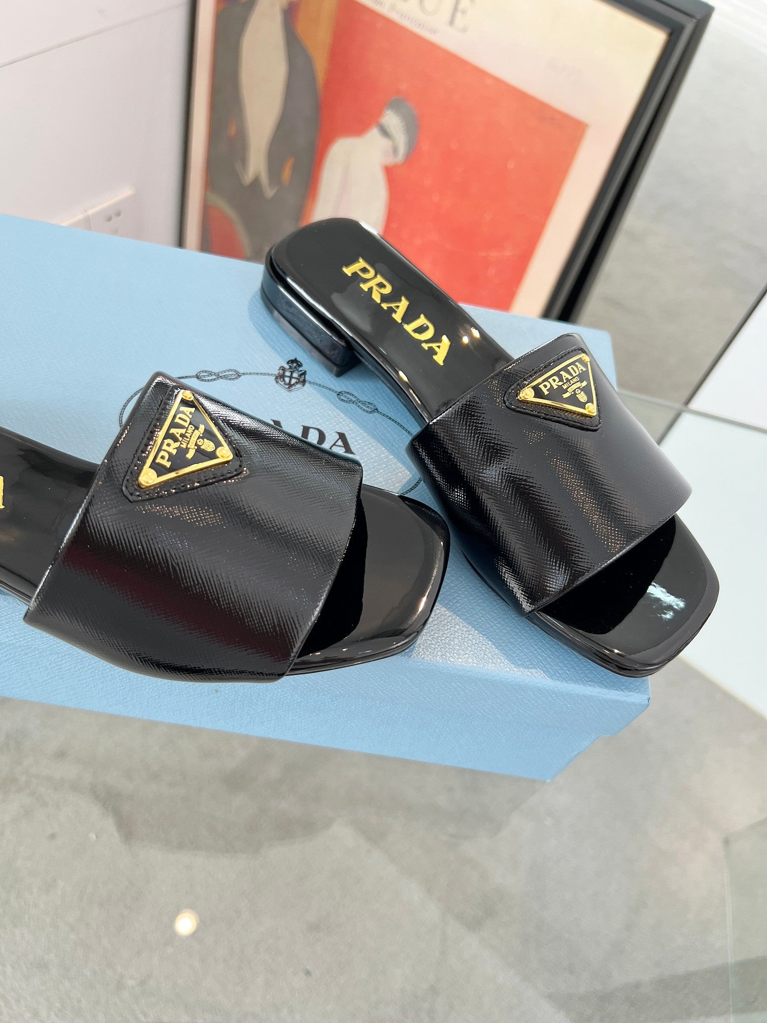 Prada 26s Saffiano Slides 1.5cm Black Glossy Leather 986624