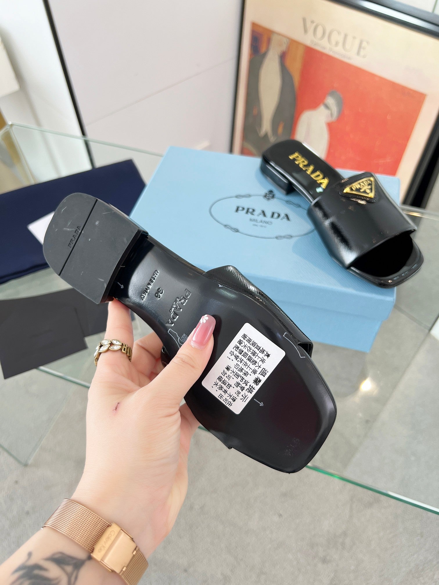 Prada 26s Saffiano Slides 1.5cm Black Glossy Leather 986624