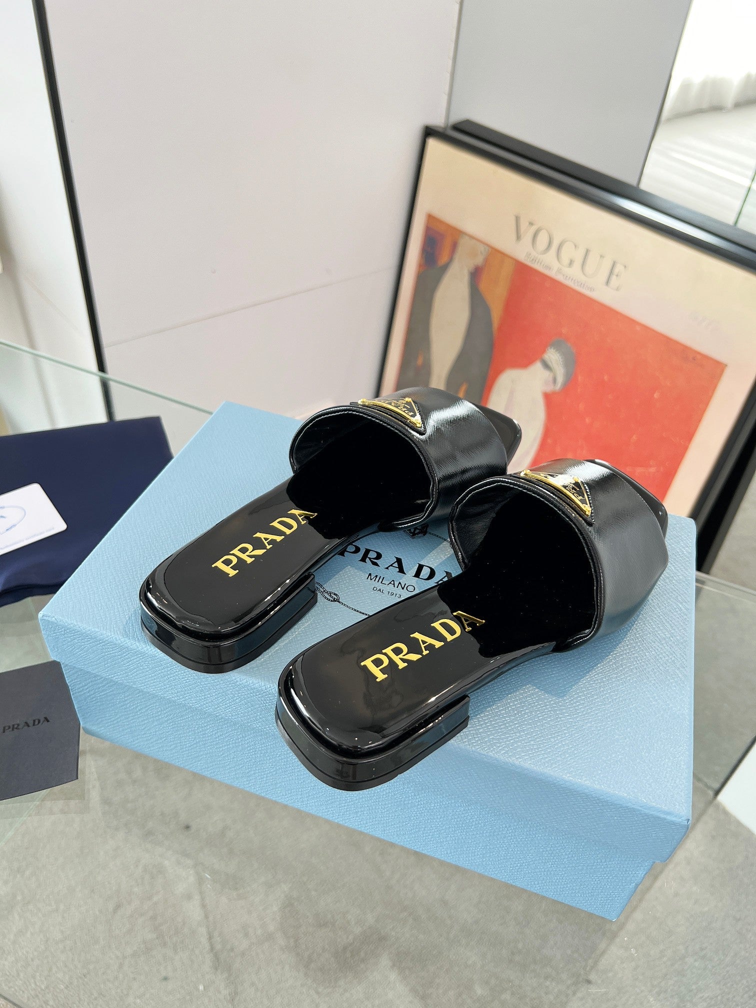 Prada 26s Saffiano Slides 1.5cm Black Glossy Leather 986624