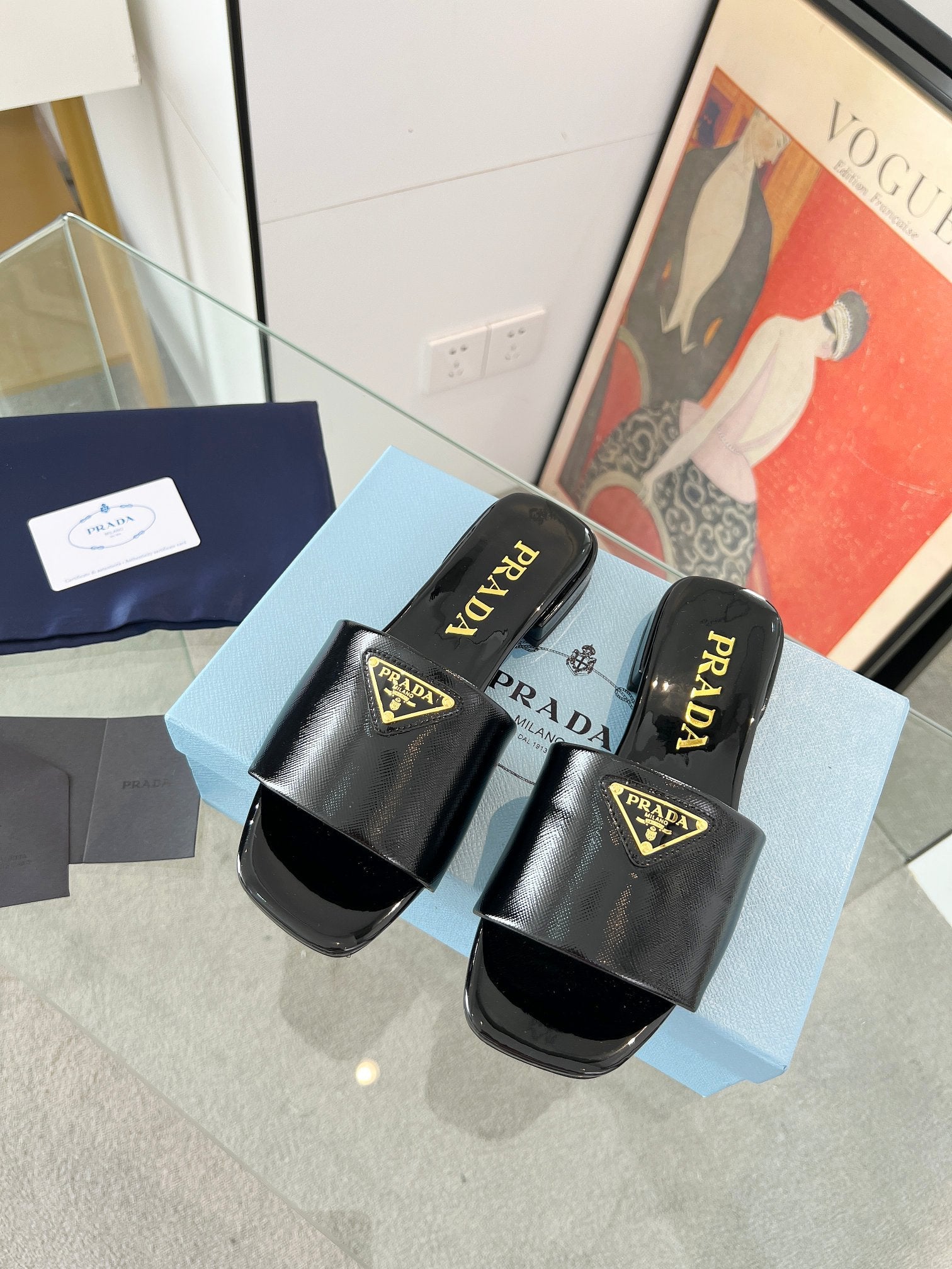 Prada 26s Saffiano Slides 1.5cm Black Glossy Leather 986624
