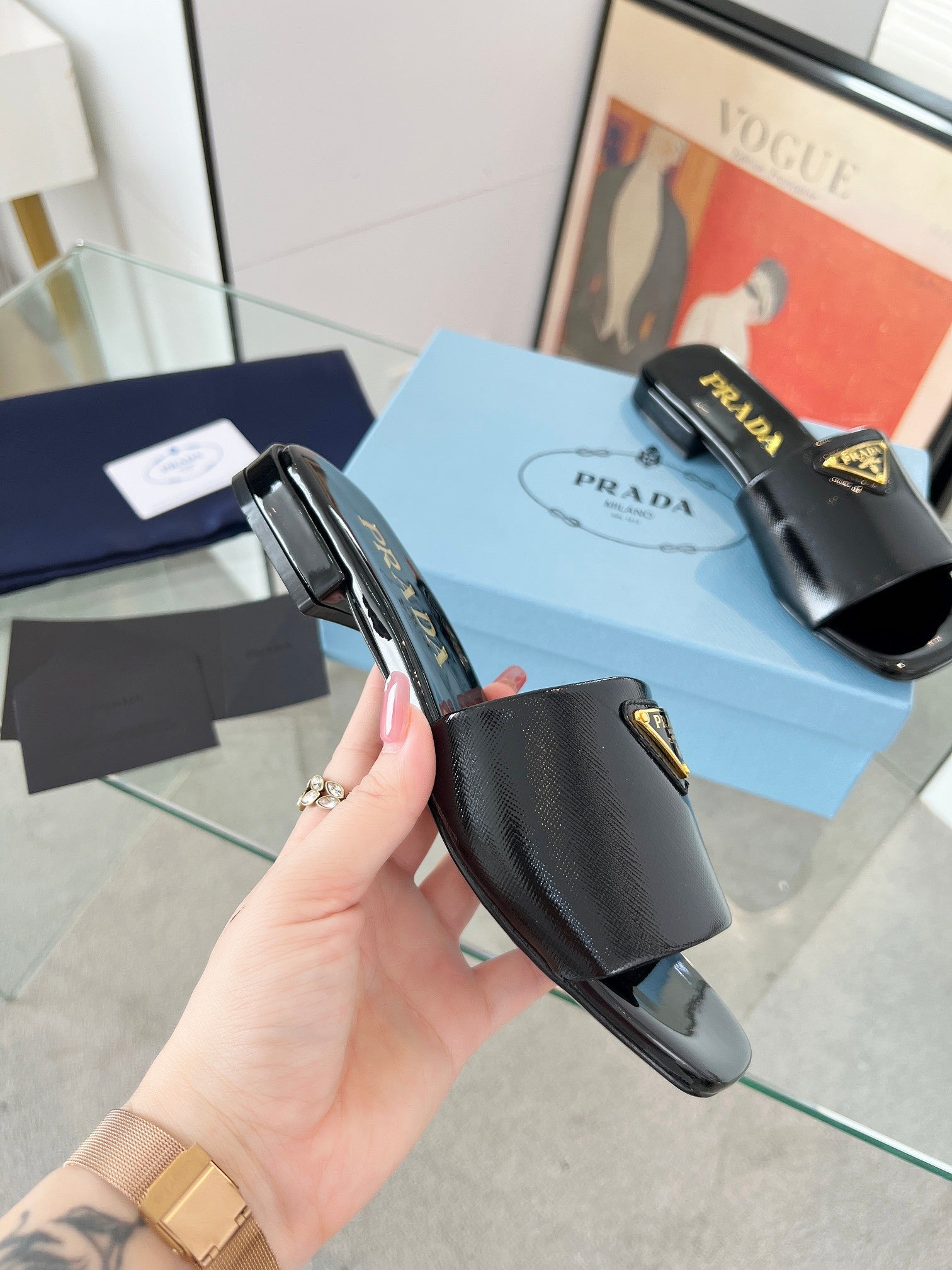 Prada 26s Saffiano Slides 1.5cm Black Glossy Leather 986624