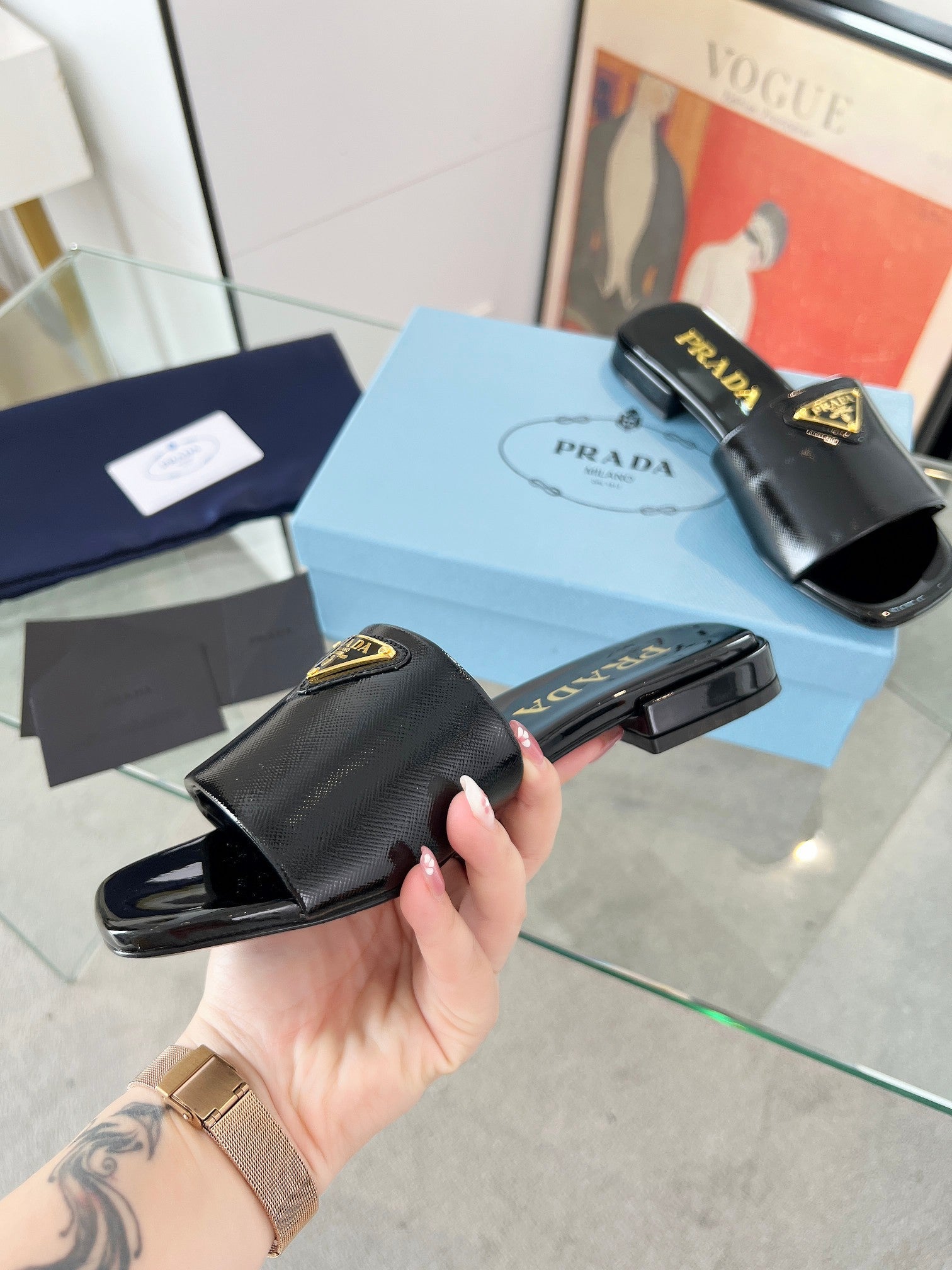 Prada 26s Saffiano Slides 1.5cm Black Glossy Leather 986624
