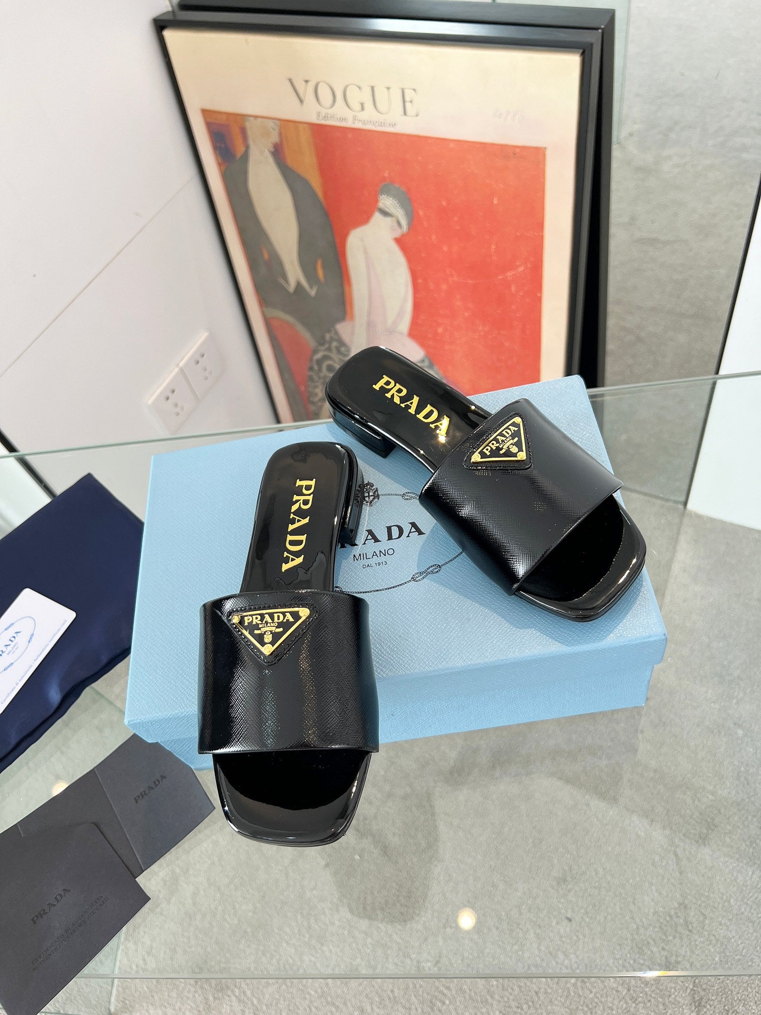 Prada 26s Saffiano Slides 1.5cm Black Glossy Leather 986624