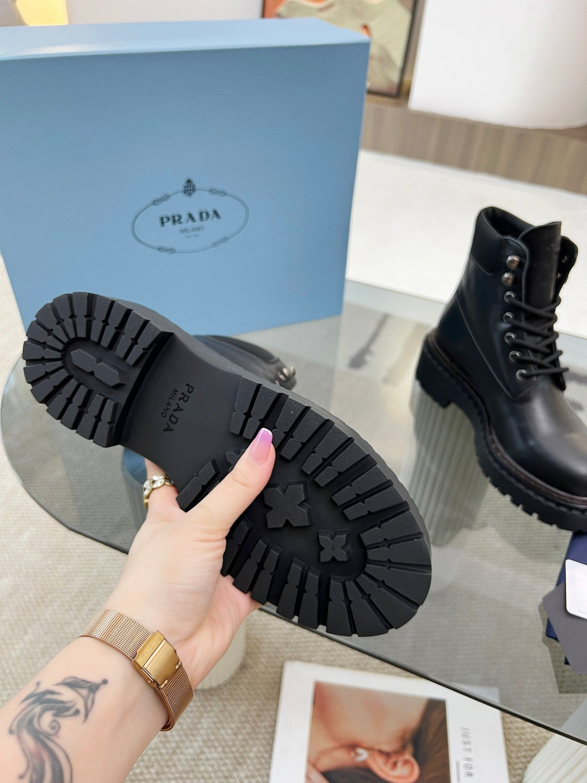 Prada 26s Combat Boots Black Leather 140471