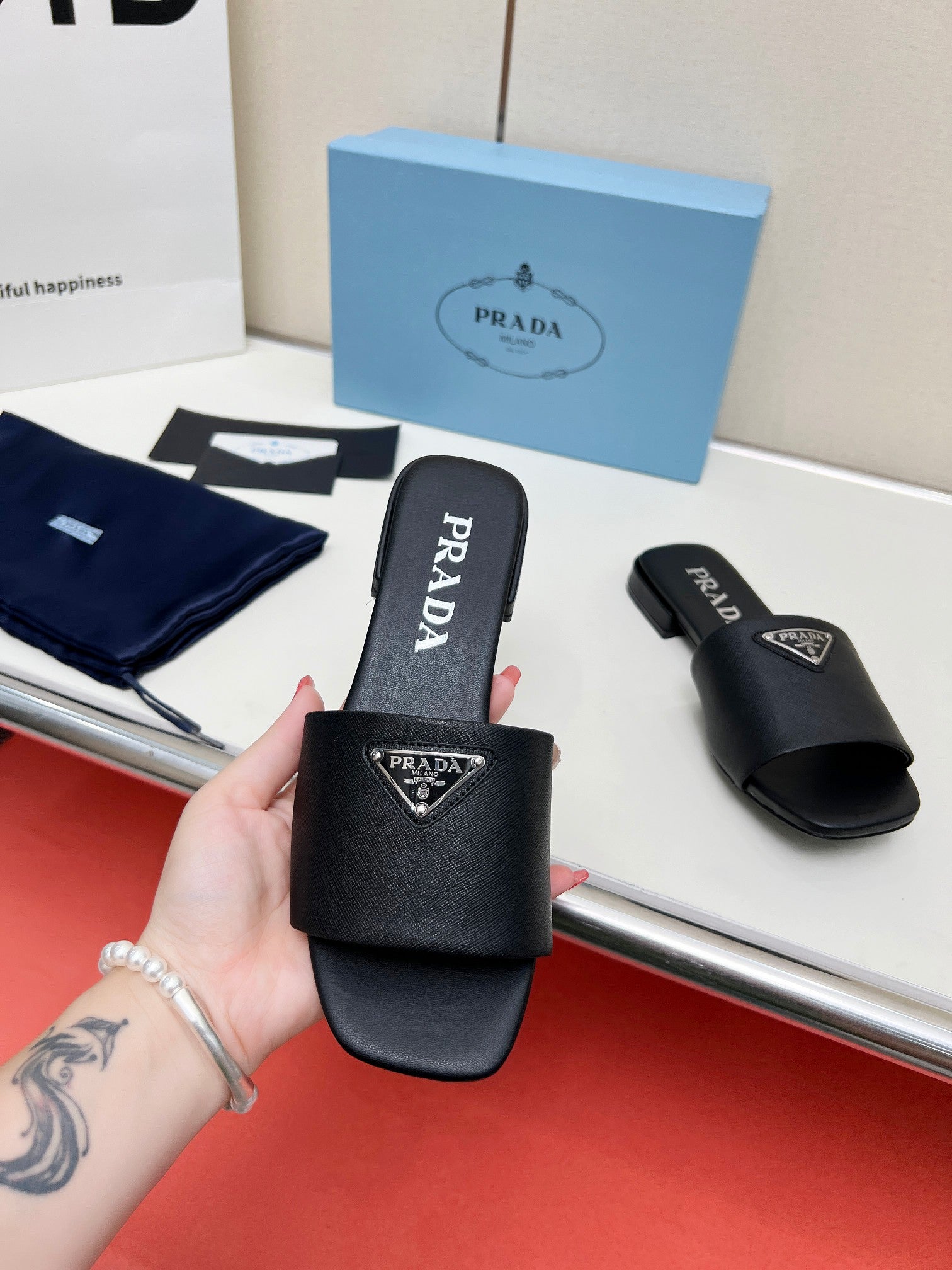 Prada 26s Saffiano Slides Black Leather 986630