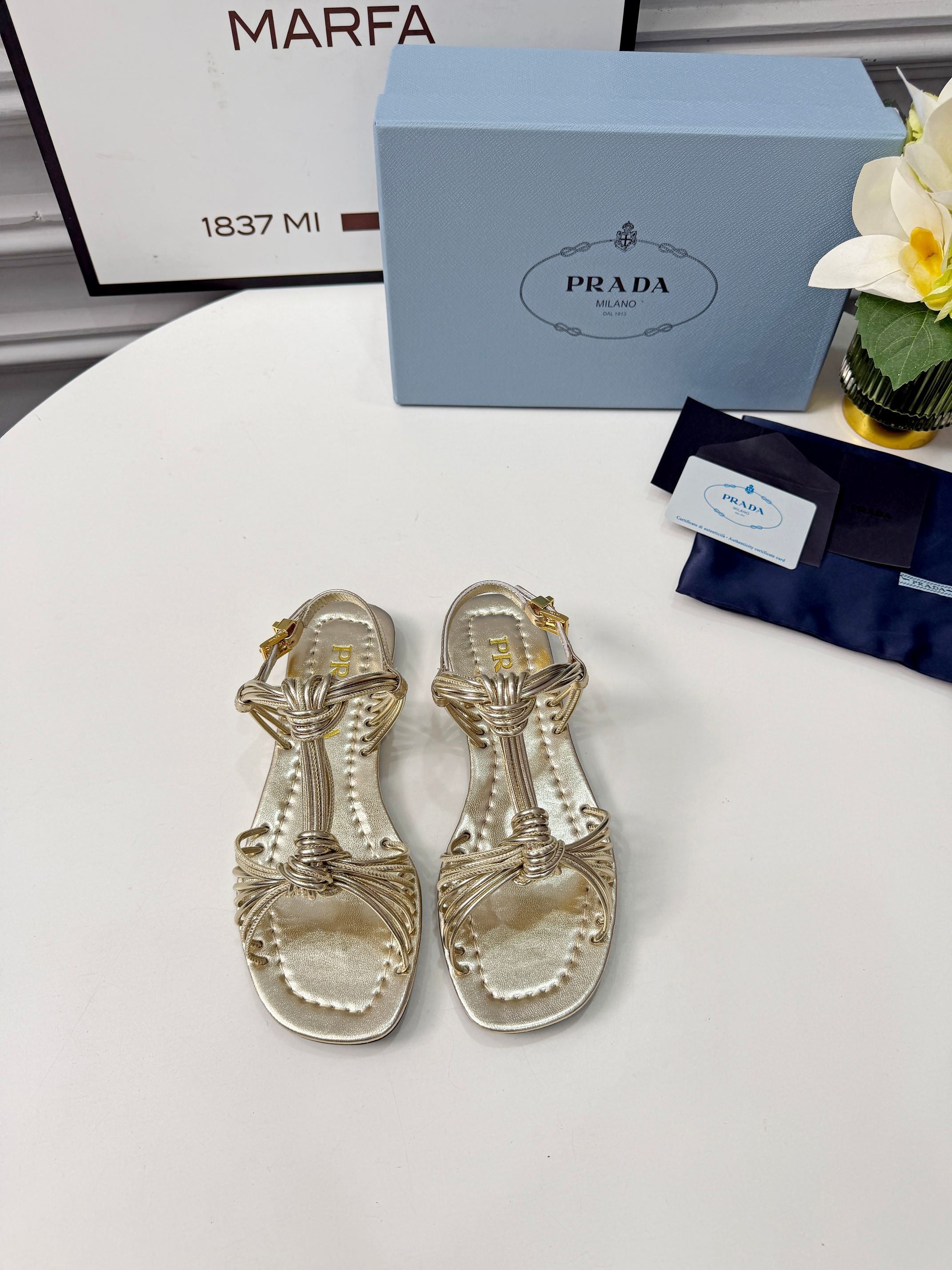 Prada 26s Knotted Metallic Leather Flat Sandals Gold Metalic Leather 986578