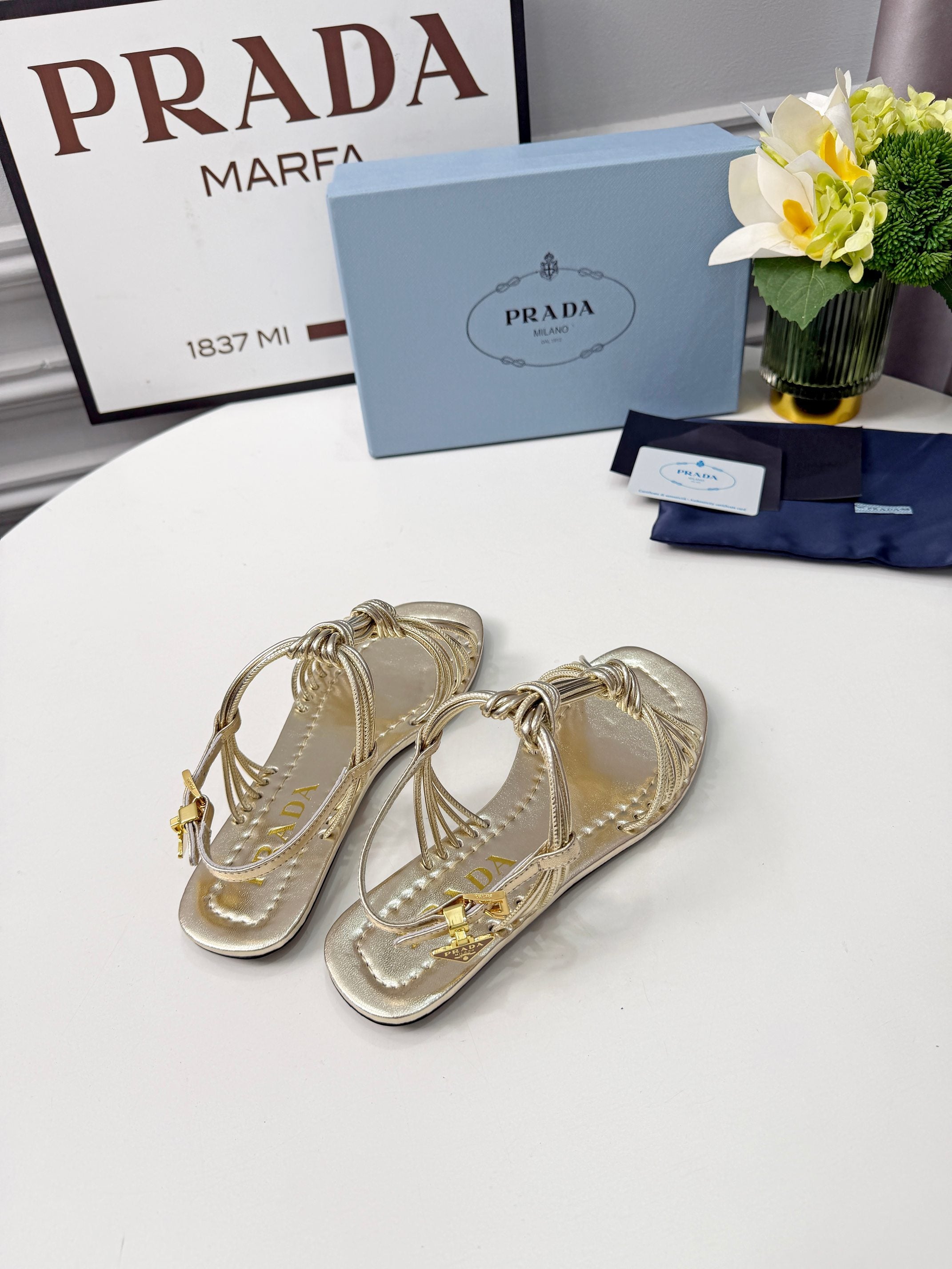 Prada 26s Knotted Metallic Leather Flat Sandals Gold Metalic Leather 986578