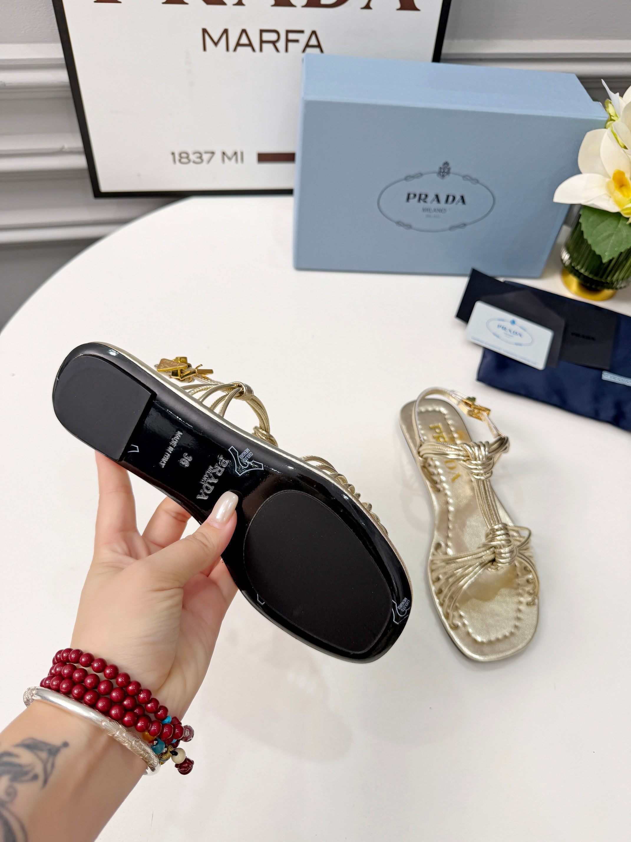Prada 26s Knotted Metallic Leather Flat Sandals Gold Metalic Leather 986578