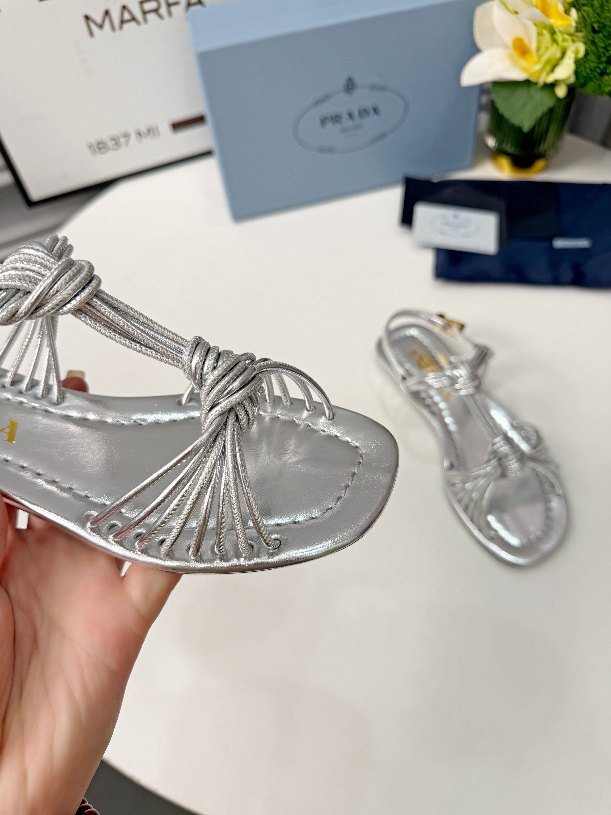 Prada 26s Knotted Metallic Leather Flat Sandals Sliver Metalic Leather 986577