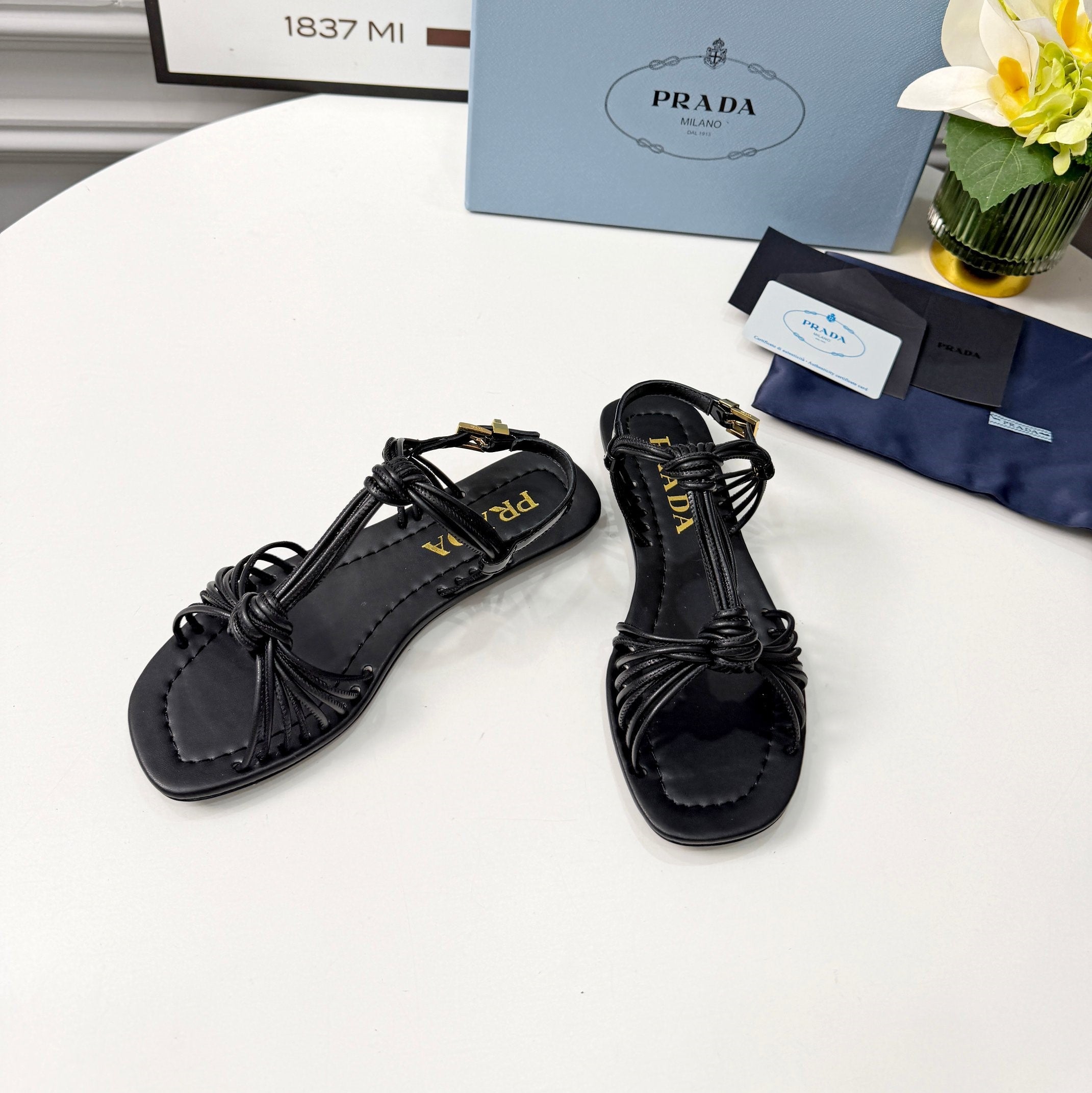 Prada 26s Knotted Metallic Leather Flat Sandals Black Leather 986575