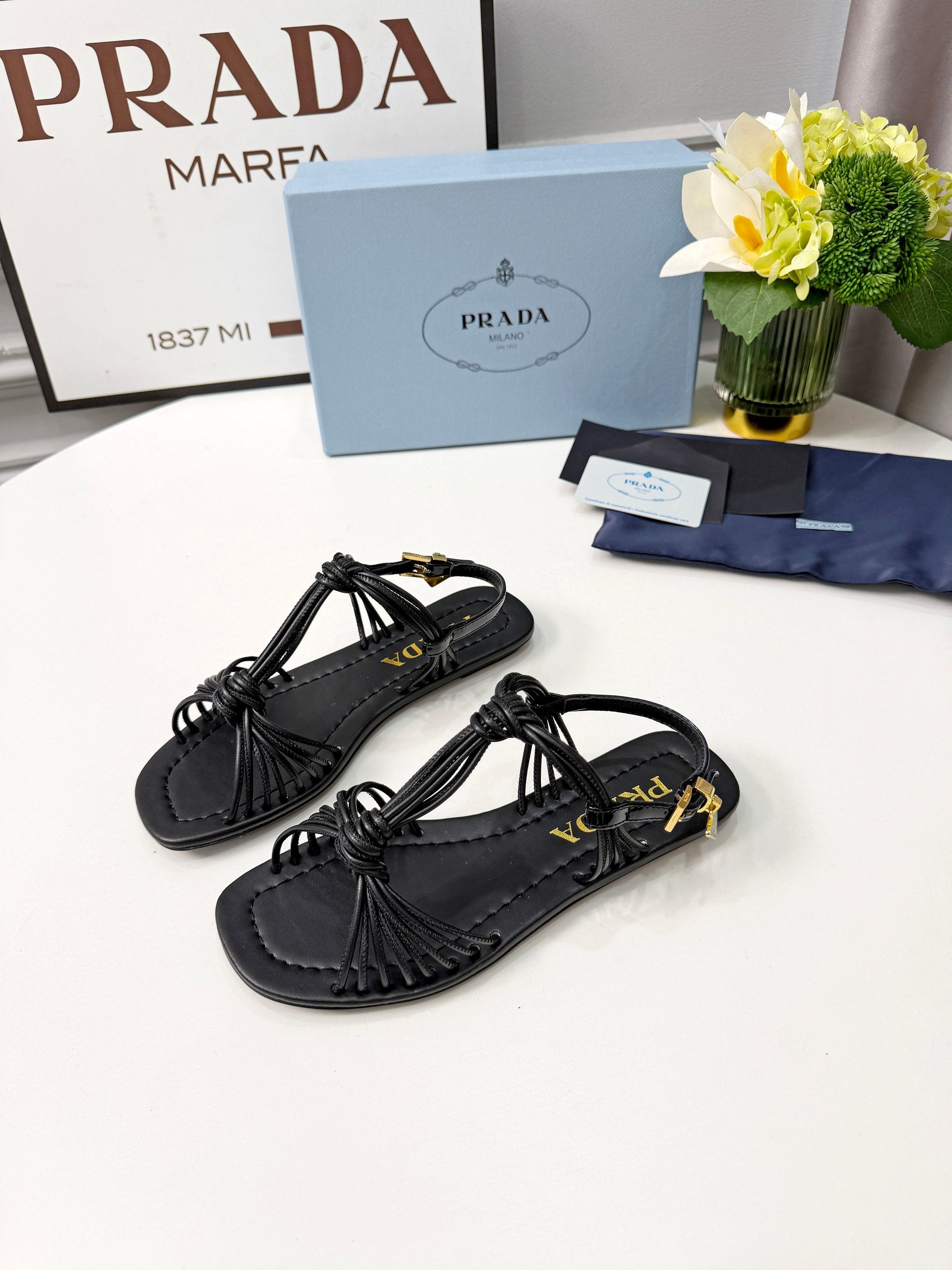Prada 26s Knotted Metallic Leather Flat Sandals Black Leather 986575